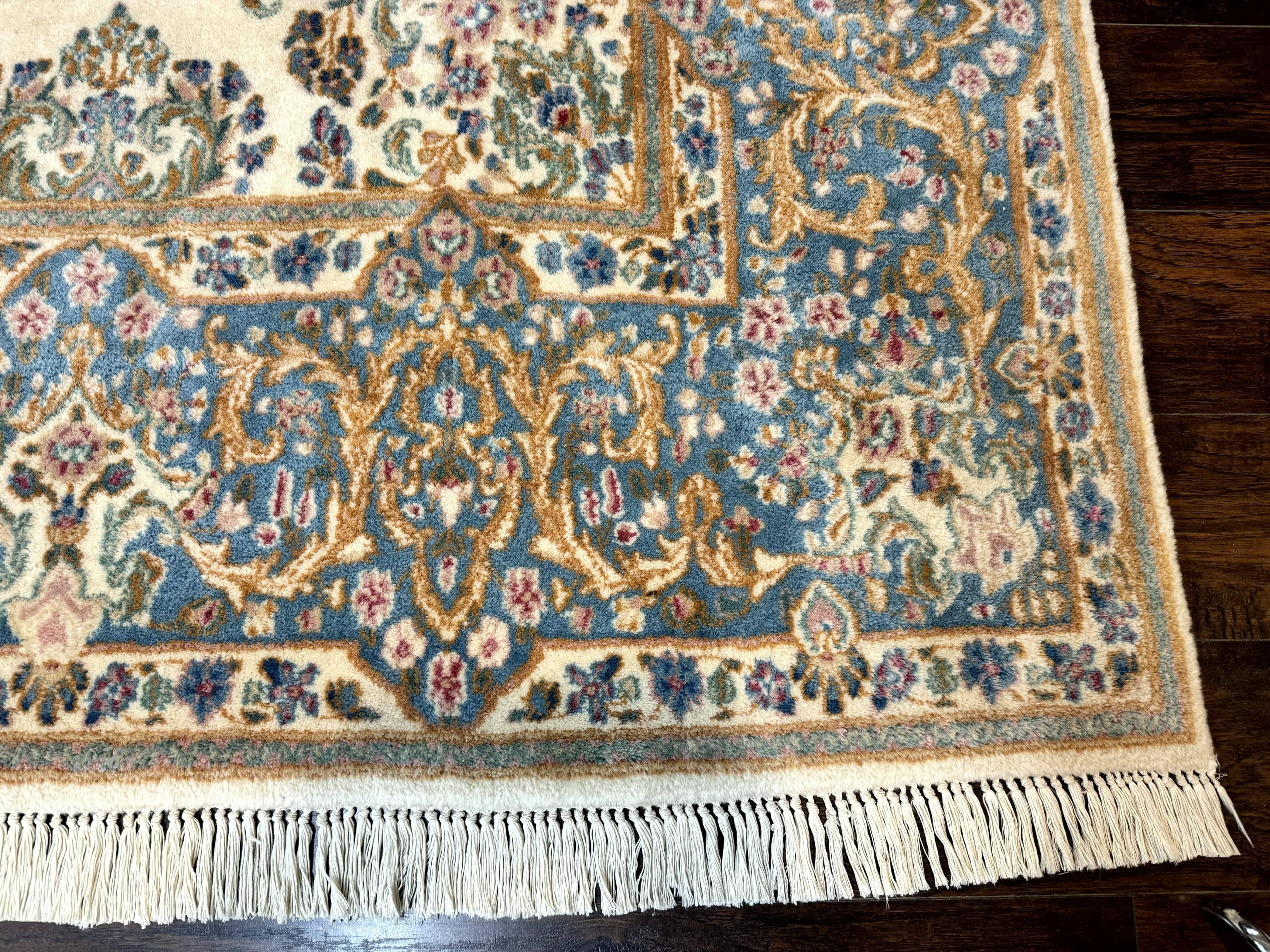 Persian Floral Kirman Rug 8x10, Ivory/Cream and Light Blue, Pastel Colors, Handmade Vintage Wool Carpet, Semi Open Field - Jewel Rugs