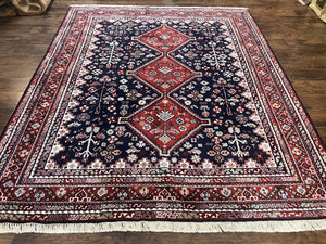 Persian Shiraz Tribal Rug 8x9, Geometric Medallions, Navy Blue and Red, Hand Knotted Handmade Semi Antique Wool Carpet