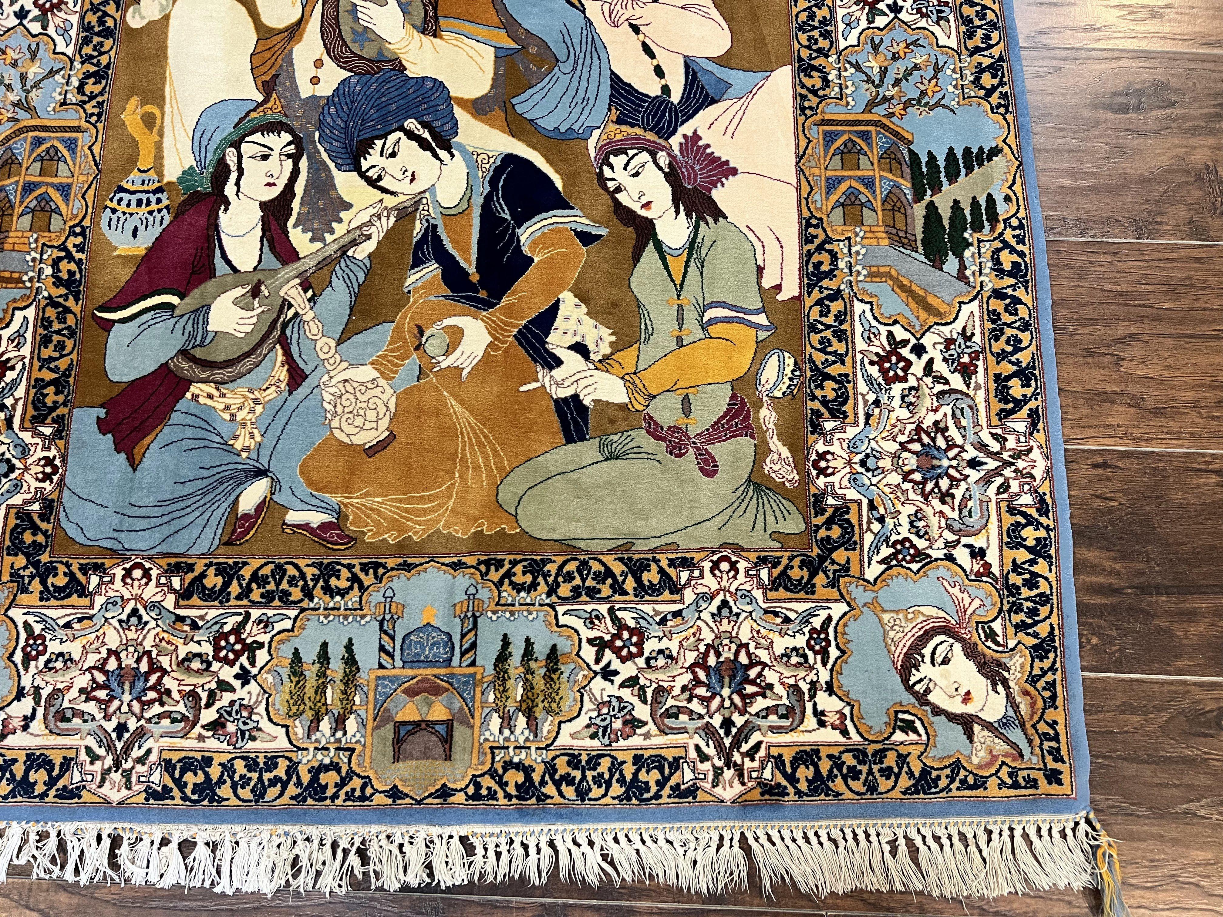 Persian Isfahan Pictoral Rug 3x6, Kork Wool on Silk Foundation, Handmade Vintage Carpet, 550 KPSI Super Fine, Lovers Palace Instruments - Jewel Rugs