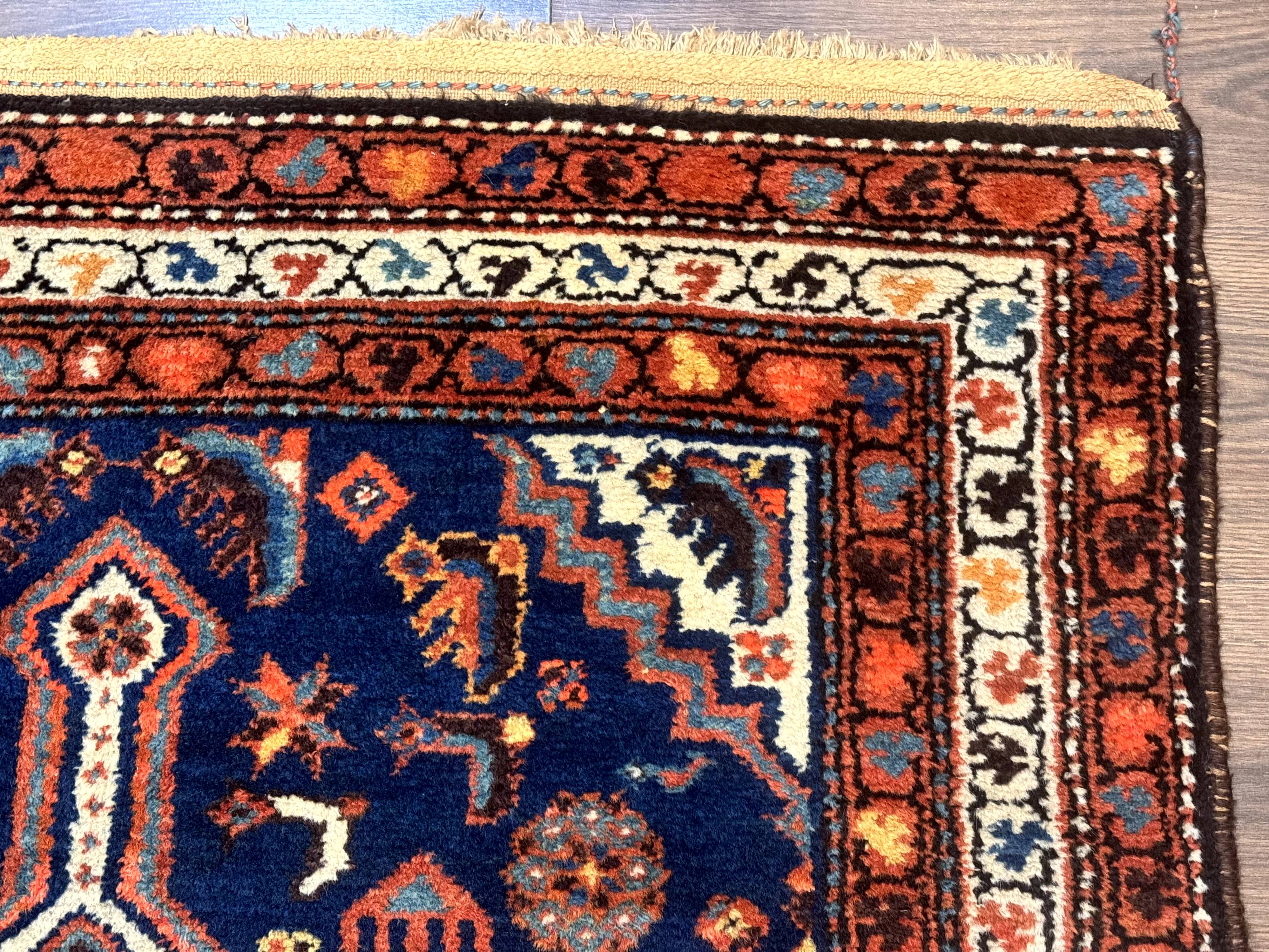 Antique Persian Hamadan Rug 4x6, Geometric, Double Medallions, Navy Blue, Tribal Carpet - Jewel Rugs