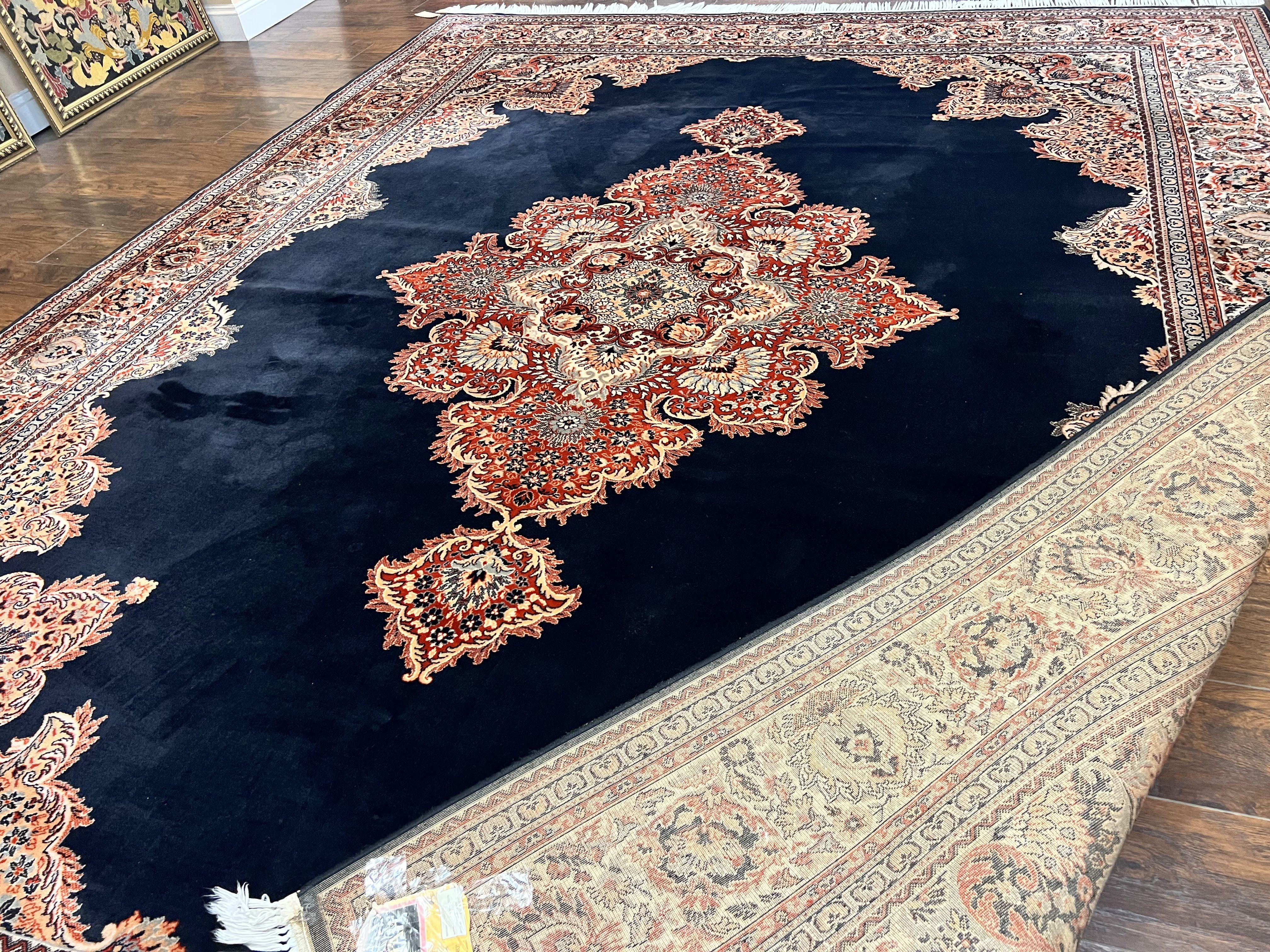Karastan Rug 10x13, Karastan Ebony Kirman Rug, Room SIzed Wool Pile Vintage Karastan Carpet, Belgium Power Loomed Rug, Black Semi Open Field - Jewel Rugs