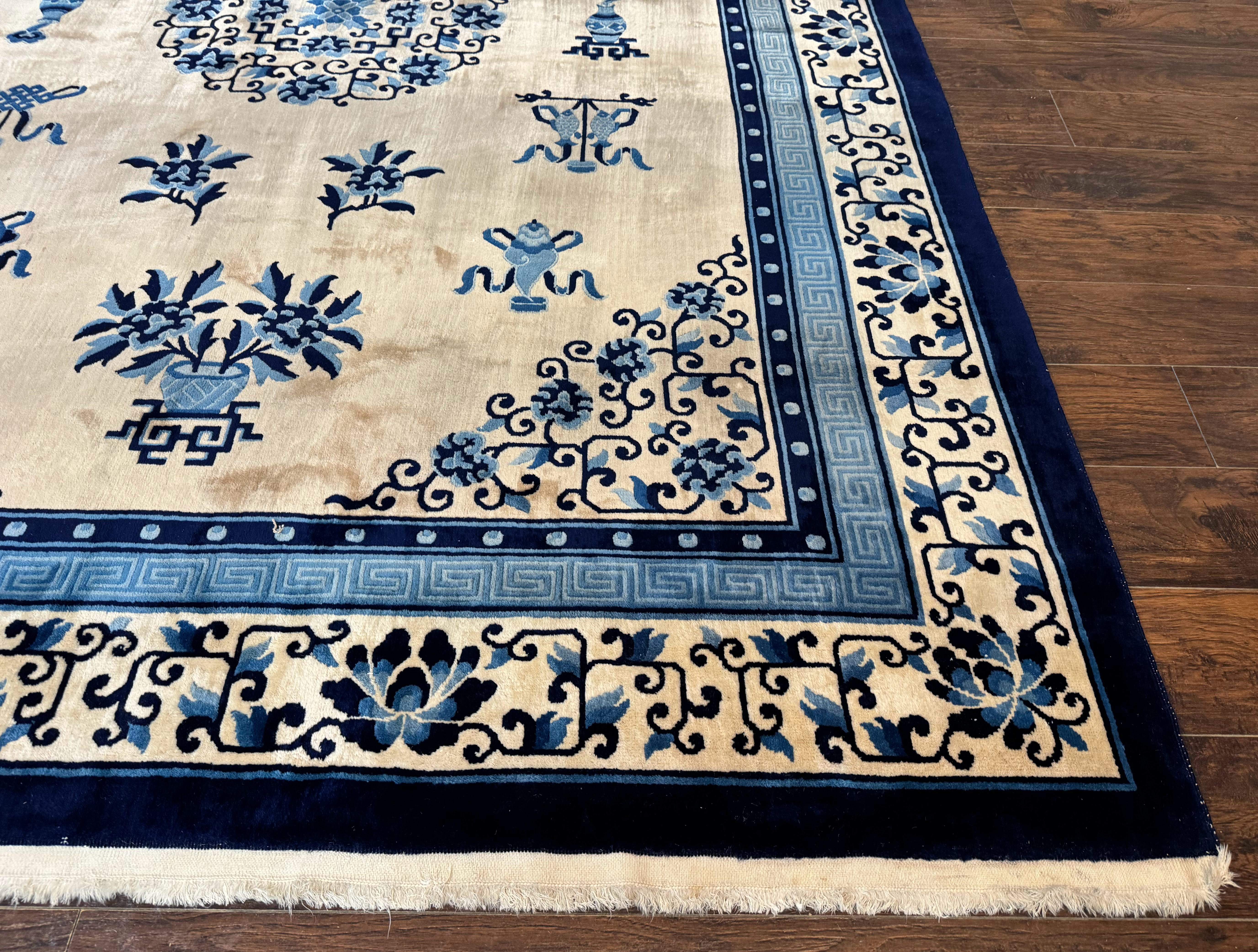 Chinese Peking Rug 8x11 – Ivory and Blue, Hand-Knotted Wool, Asian Oriental Carpet - Jewel Rugs
