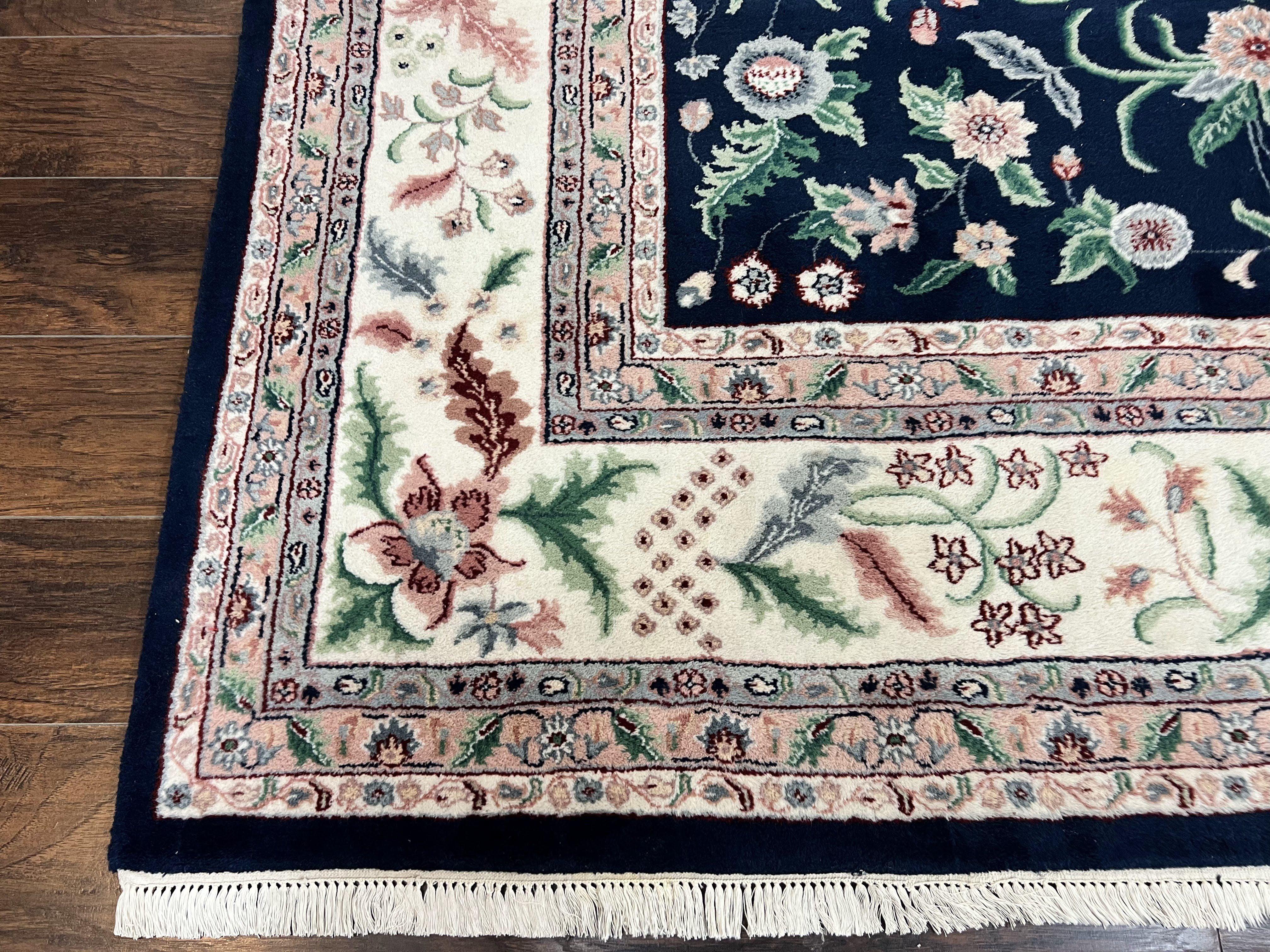 Indo Persian Rug 9x12, Wool Hand Knotted Vintage Carpet, Navy Blue & Ivory, Floral Allover Oriental Rug, 9 x 12 Room Sized Traditional Rug - Jewel Rugs