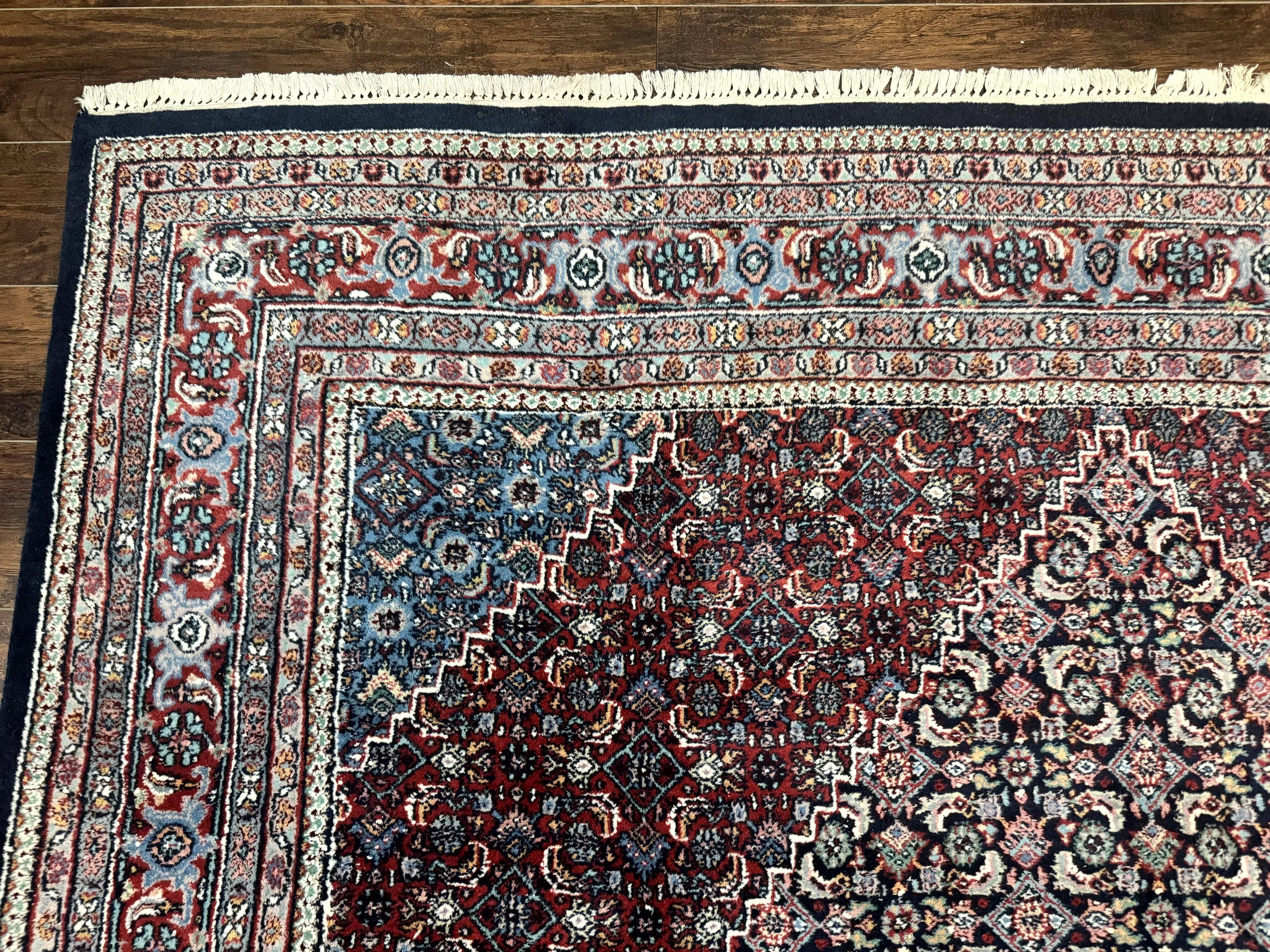 Indo Persian Bidjar Rug 8x11, Herati Mahi Pattern, Red Navy Blue, Handmade Vintage Wool Carpet - Jewel Rugs