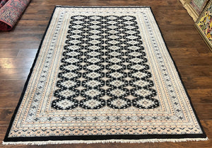 Pakistani Bokhara Rug 6x9, Hand Knotted Vintage Wool Carpet with Silk Highlights, Very Fine 320 KPSI, Medium Size