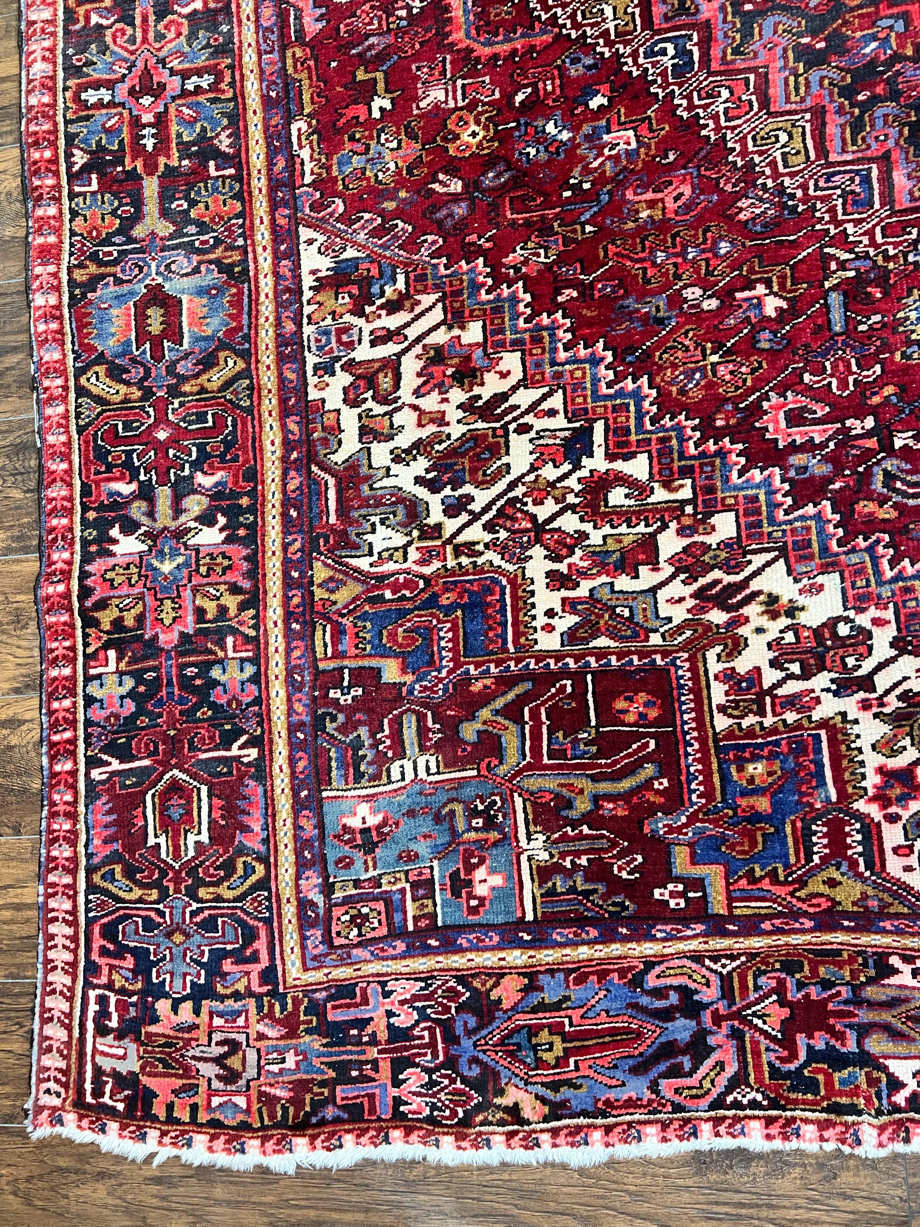 Persian Heriz Rug 9x11 ft, Geometric Rug 9 x 11, Red Room Sized Semi Antique Vintage Wool Hand Knotted Oriental Carpet - Jewel Rugs