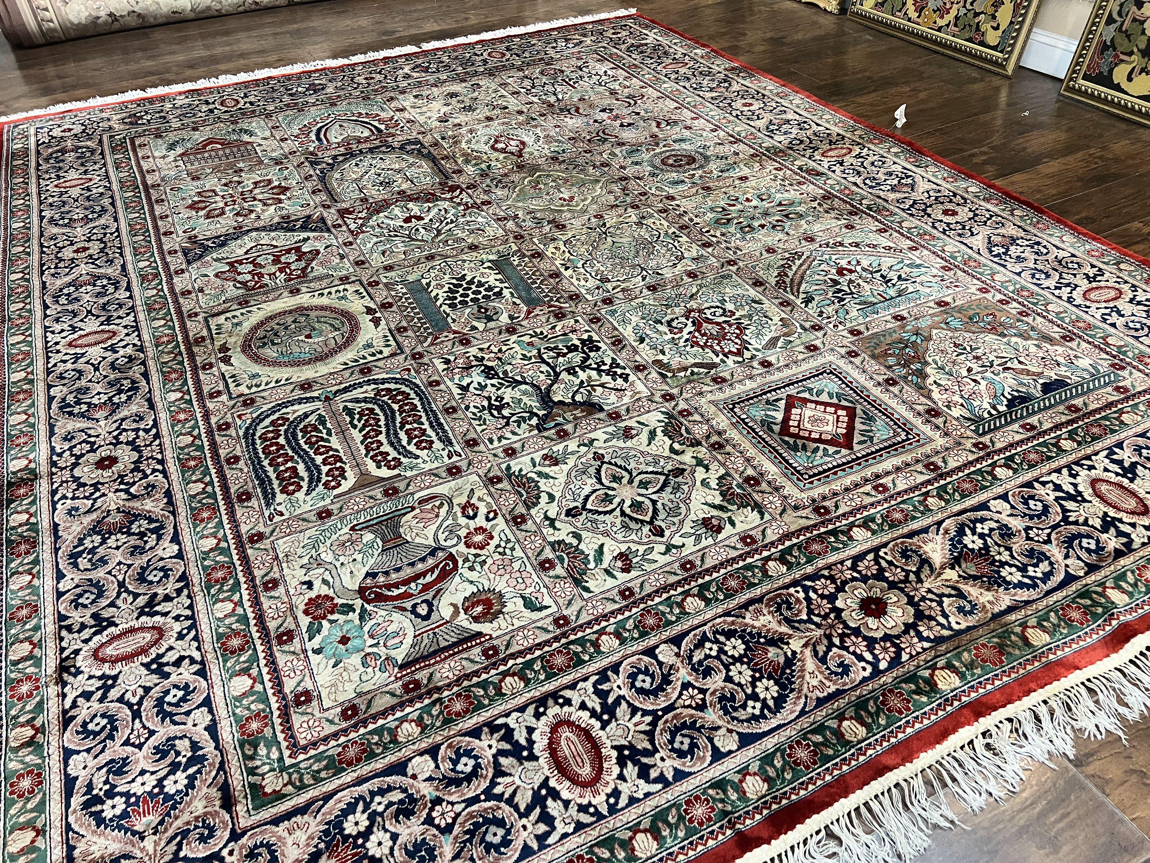 Silk Sino Persian Rug 9x12, Panel Design, Garden of Eden Pattern, Fine 200 KPSI, Hand Knotted Room Sized Silk Carpet, Vintage - Jewel Rugs