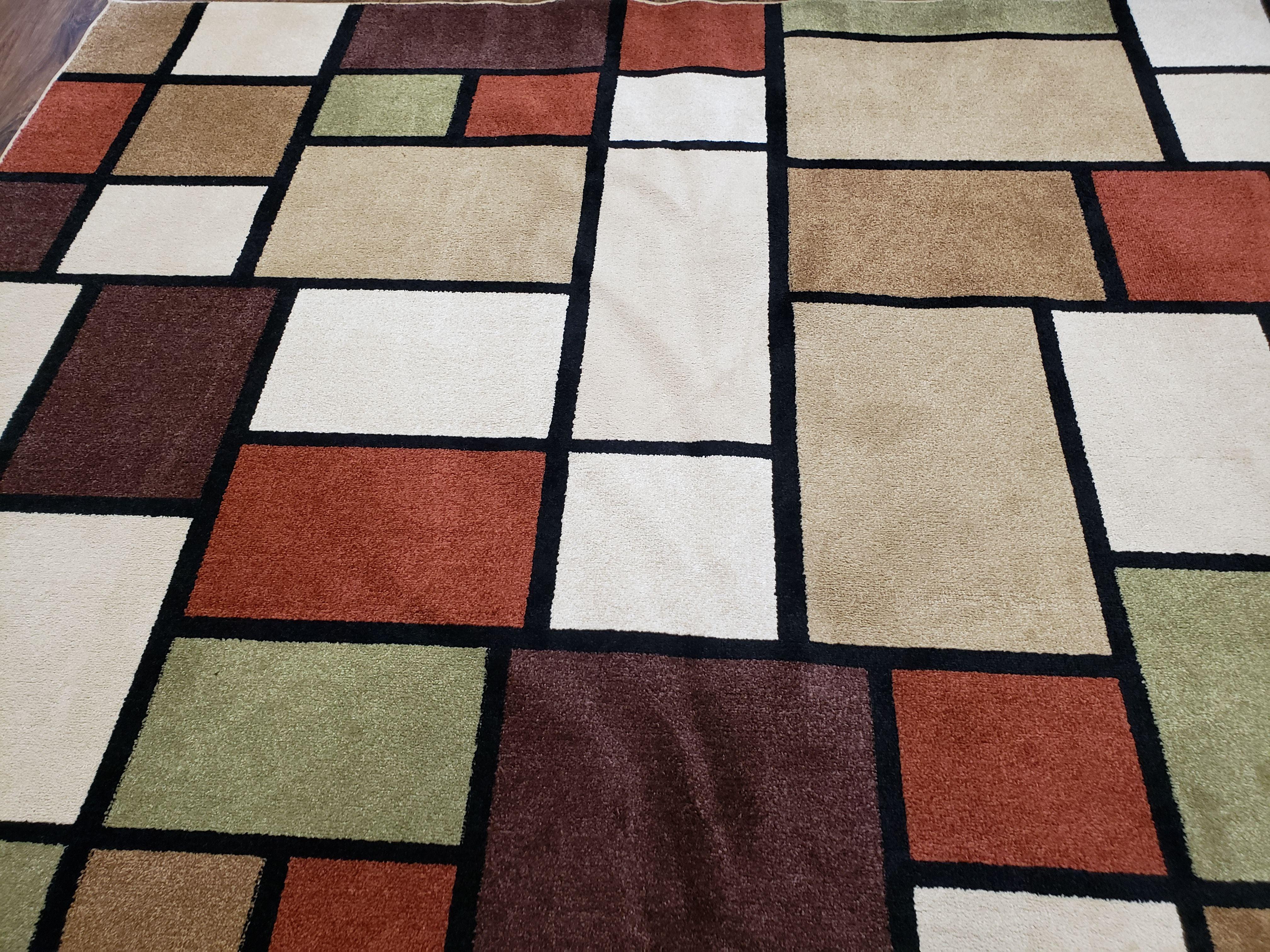 8x12 Modern Area Rug, Abstract Geometric Design 8 x 12 Area Carpet, Tan, Cream, Maroon, Nice - Jewel Rugs