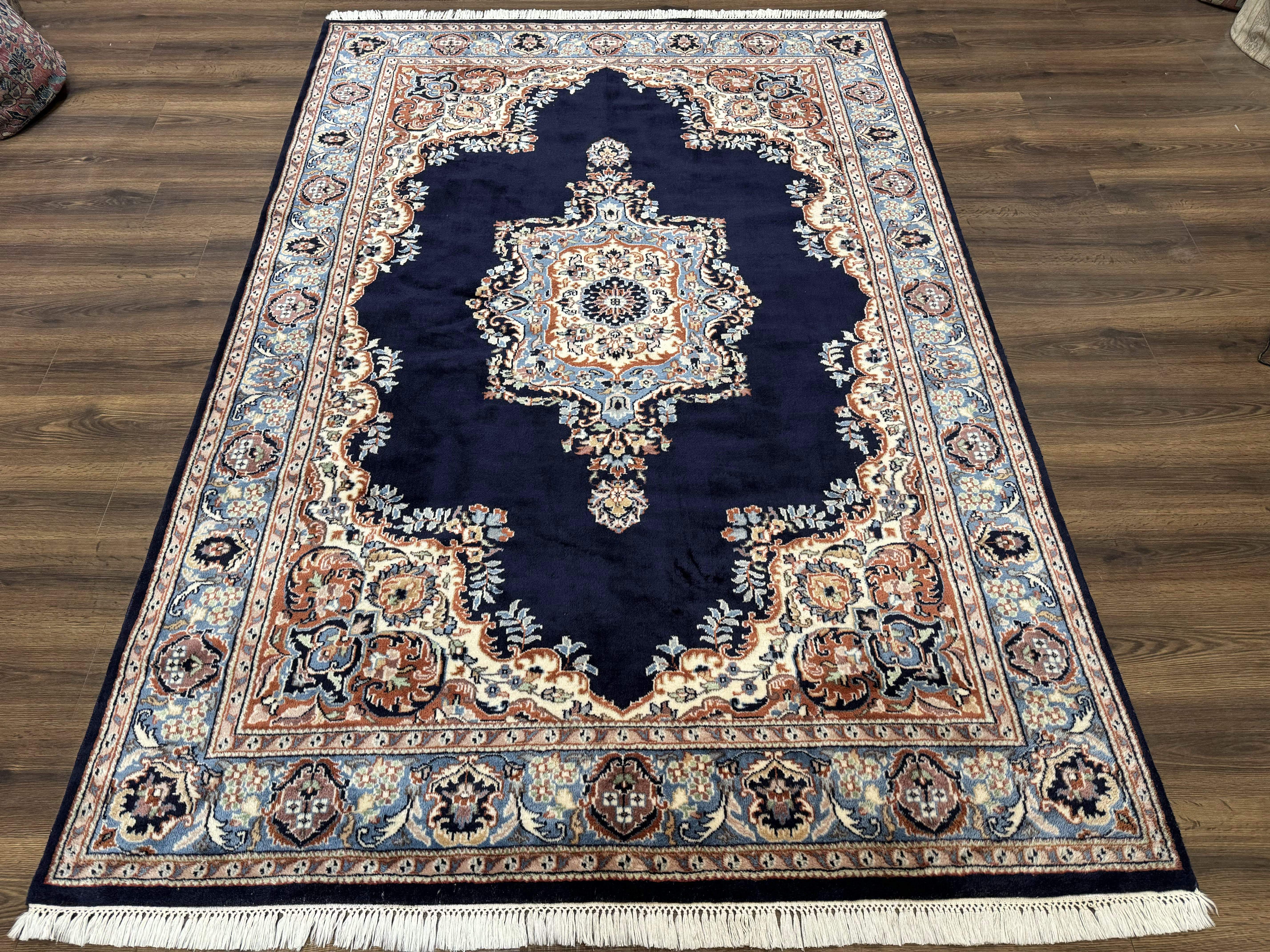 Indo Persian Kerman Rug 6x9 – Navy and Light Blue Hand-Knotted Wool Vintage Carpet - Jewel Rugs
