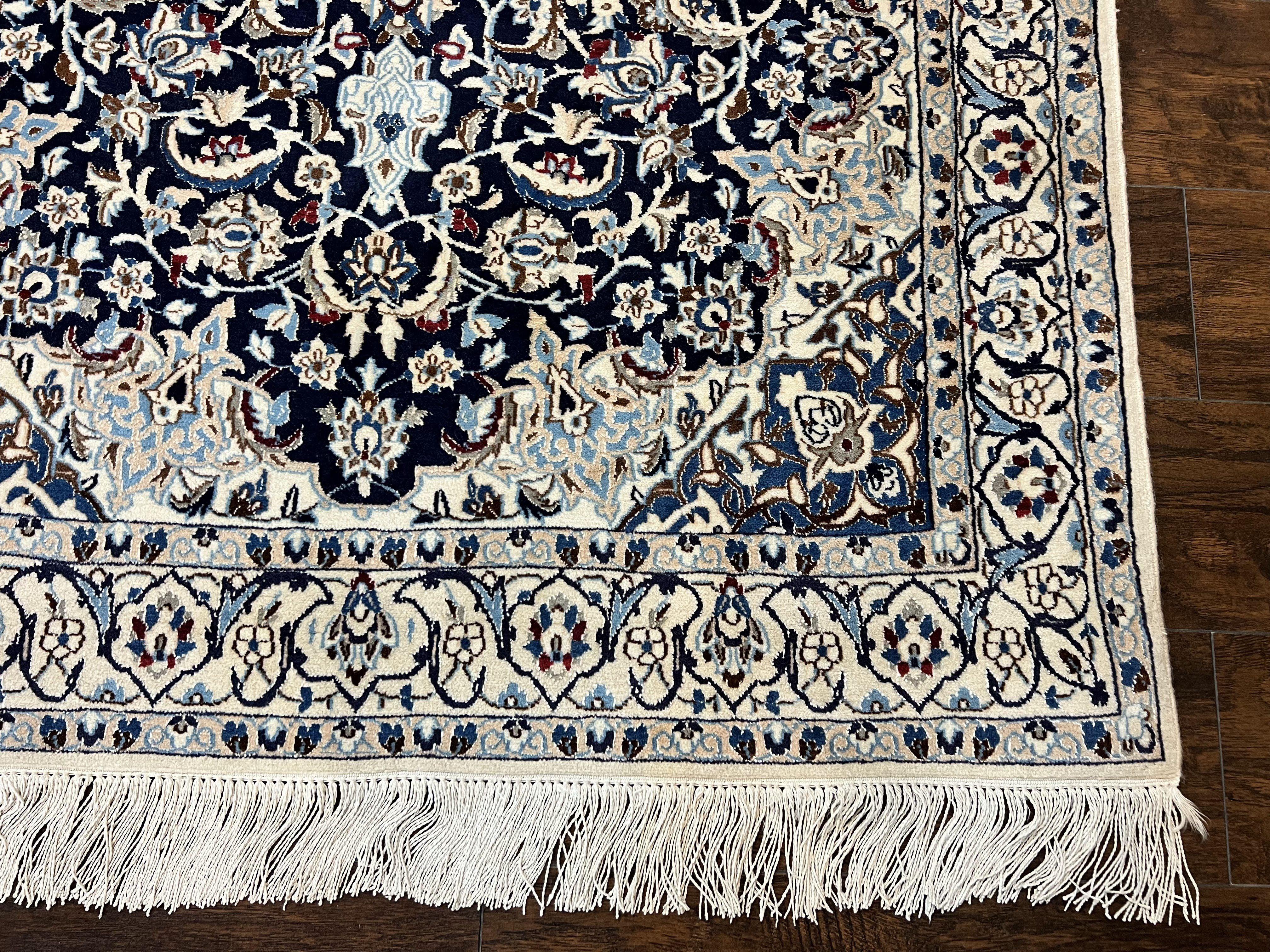 Persian Nain Rug 4x6, Floral, Hand Knotted Vintage Wool & Silk Highlights, Signature from Masterweaver, Navy Blue and Ivory - Jewel Rugs