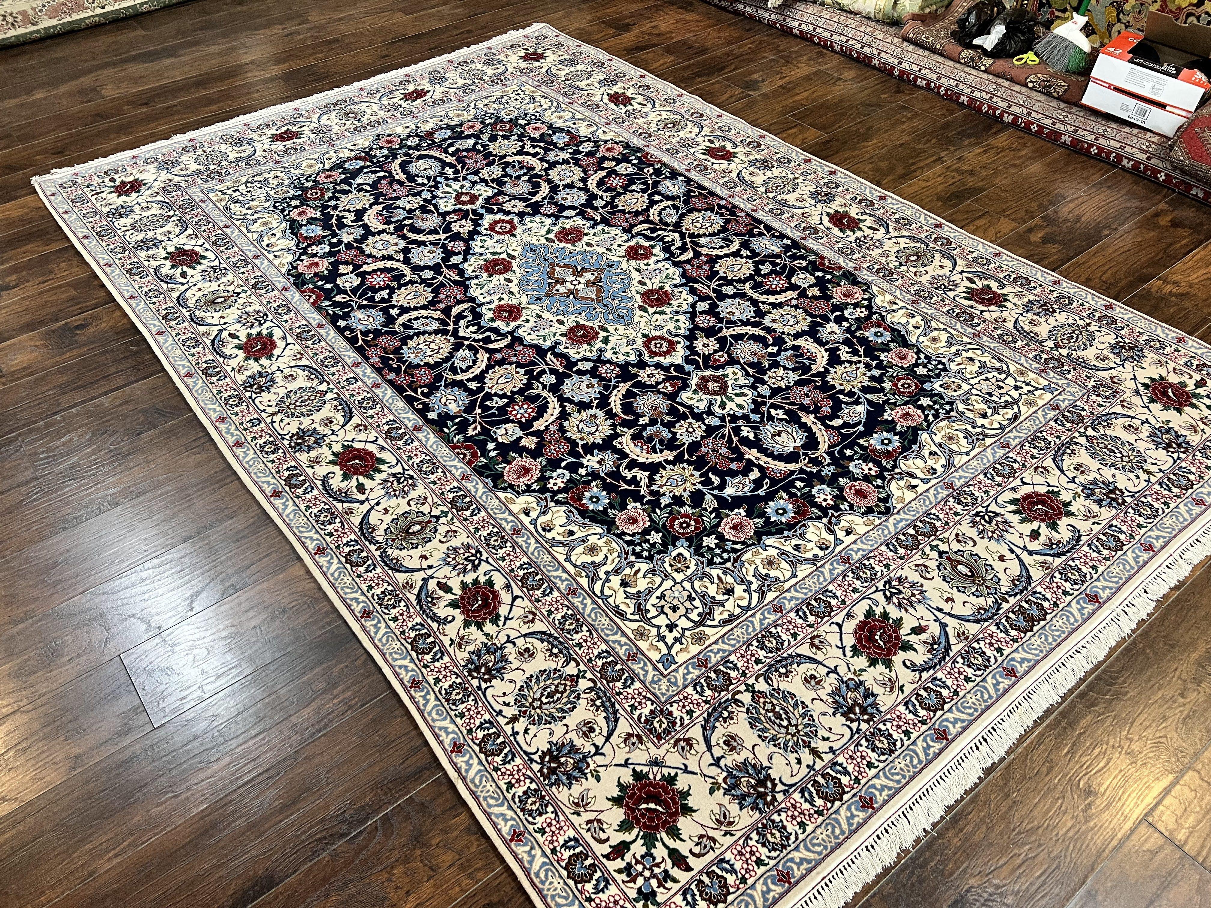 Marvelous Persian Isfahan Rug 7x10, Super Fine Hand Knotted Wool Oriental Carpet 7 x 10 ft, Navy Blue Ivory, Floral Medallion, Semi Antique Vintage - Jewel Rugs