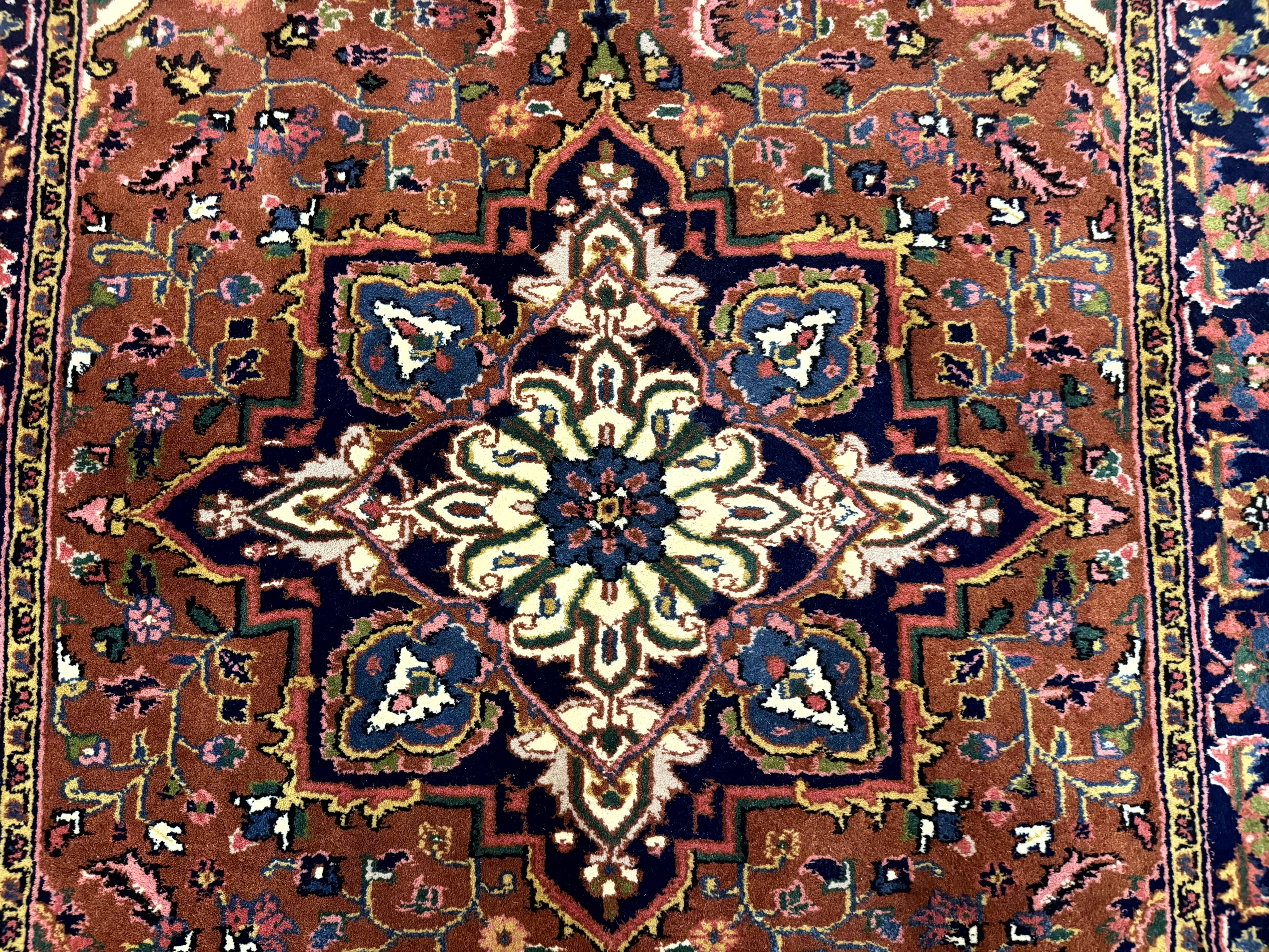 Indo Persian Heriz Rug 4x6, Rust Red Navy Blue and Cream - Jewel Rugs