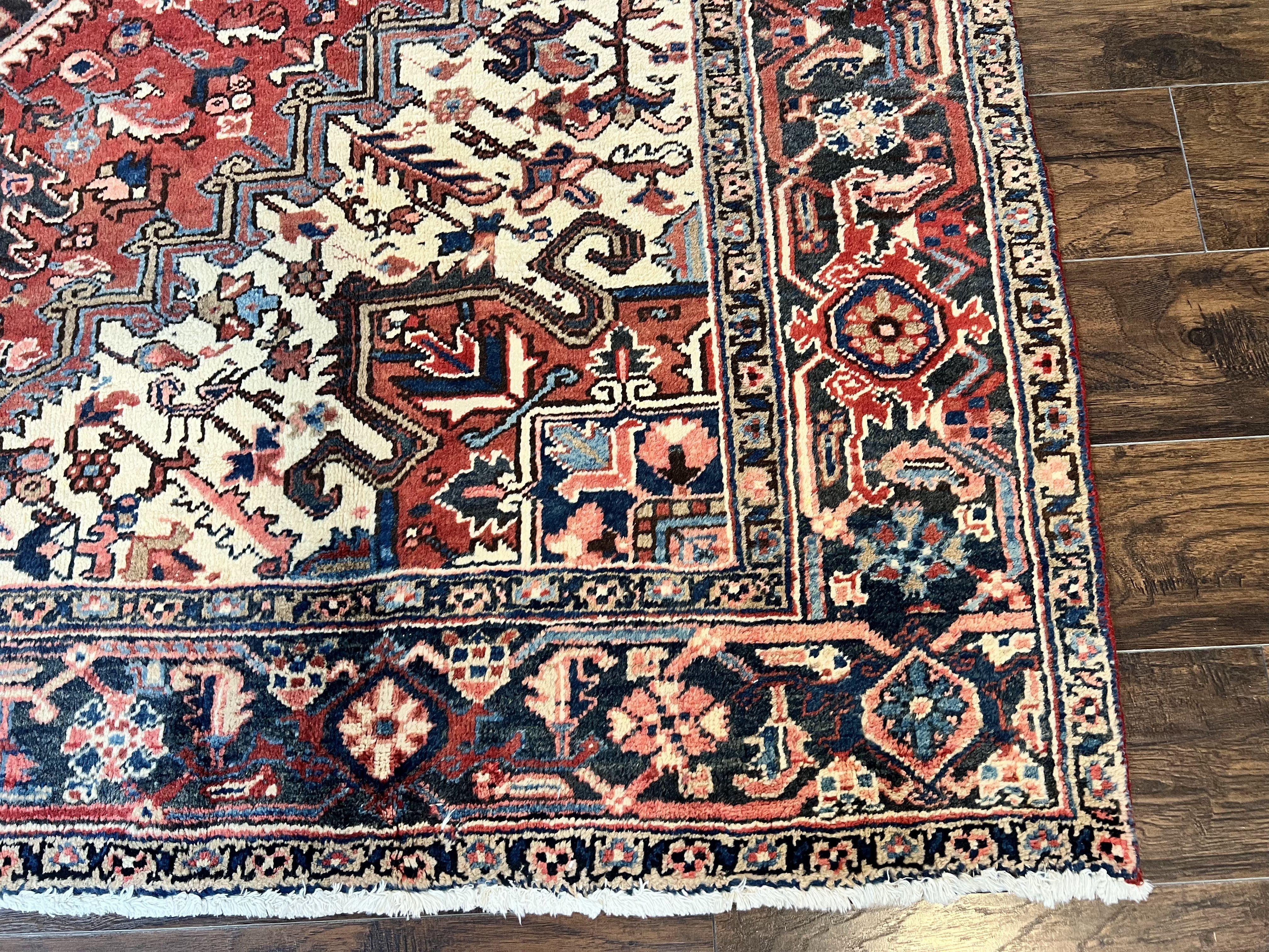 Persian Heriz Rug 8x11, Wool Hand Knotted Antique Carpet, Red Navy Blue Ivory, Geometric Rug, 8 x 11 Room Sized Oriental Rug - Jewel Rugs