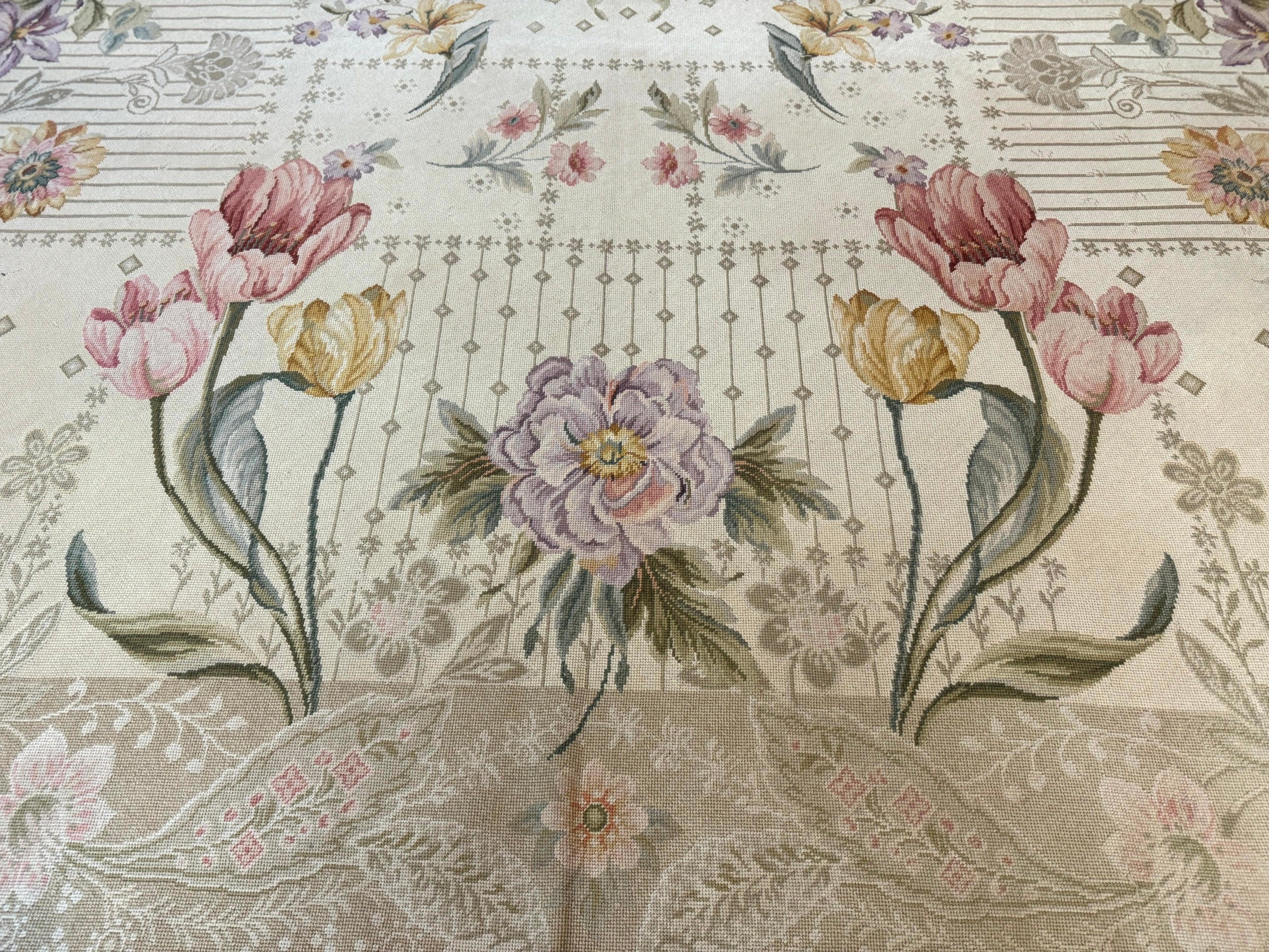 Needlepoint Rug 10x14, Petitepoint Carpet, Floral, Elegant, European Design, Beige Pink Lavender, Large Flowers - Jewel Rugs