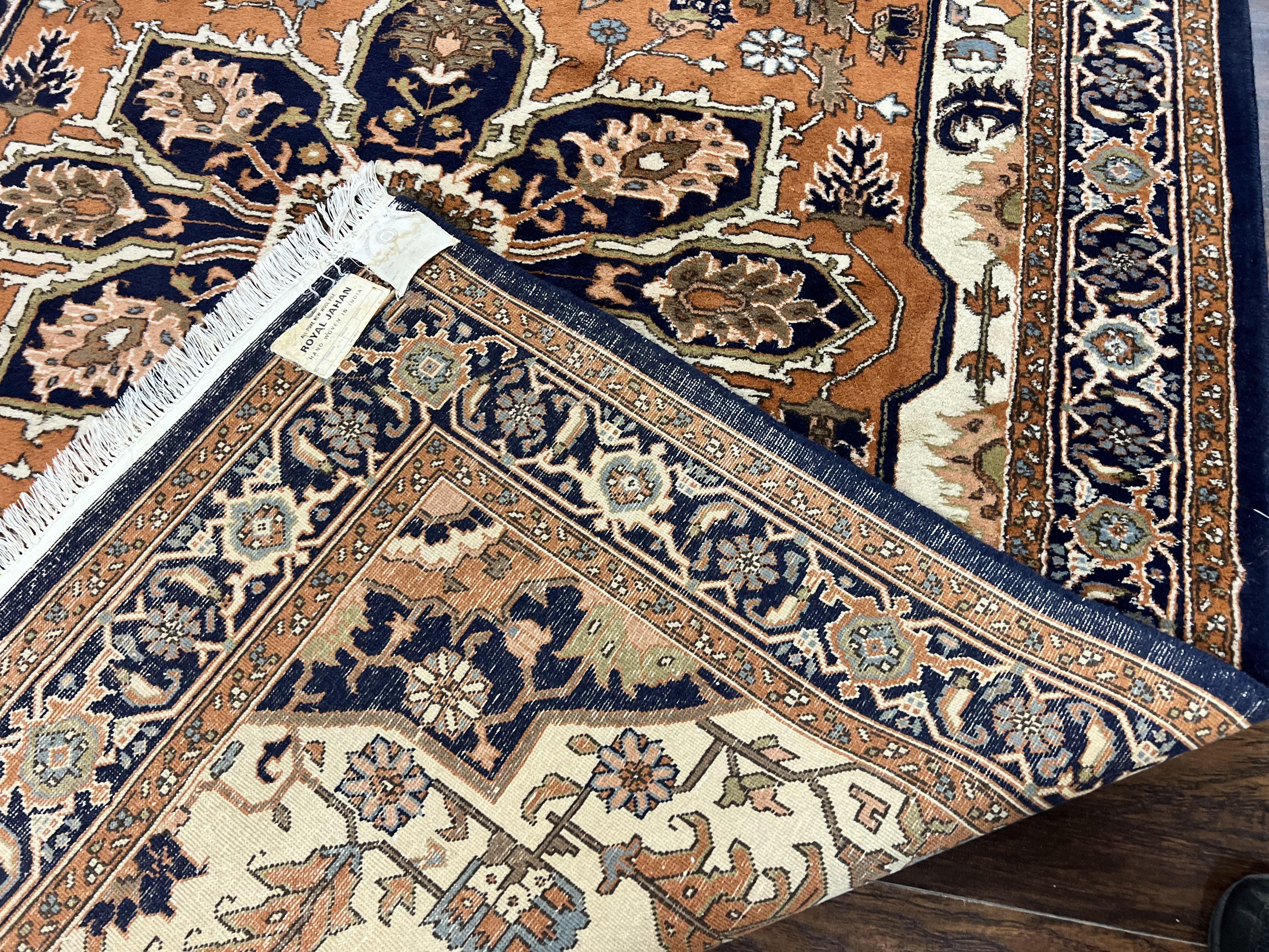 Indo Heriz Rug 6x8, Wool Hand Knotted Vintage Oriental Carpet, Orange-Red Ivory & Navy Blue, Medallion Rug, Handmade Indo Persian Rug - Jewel Rugs