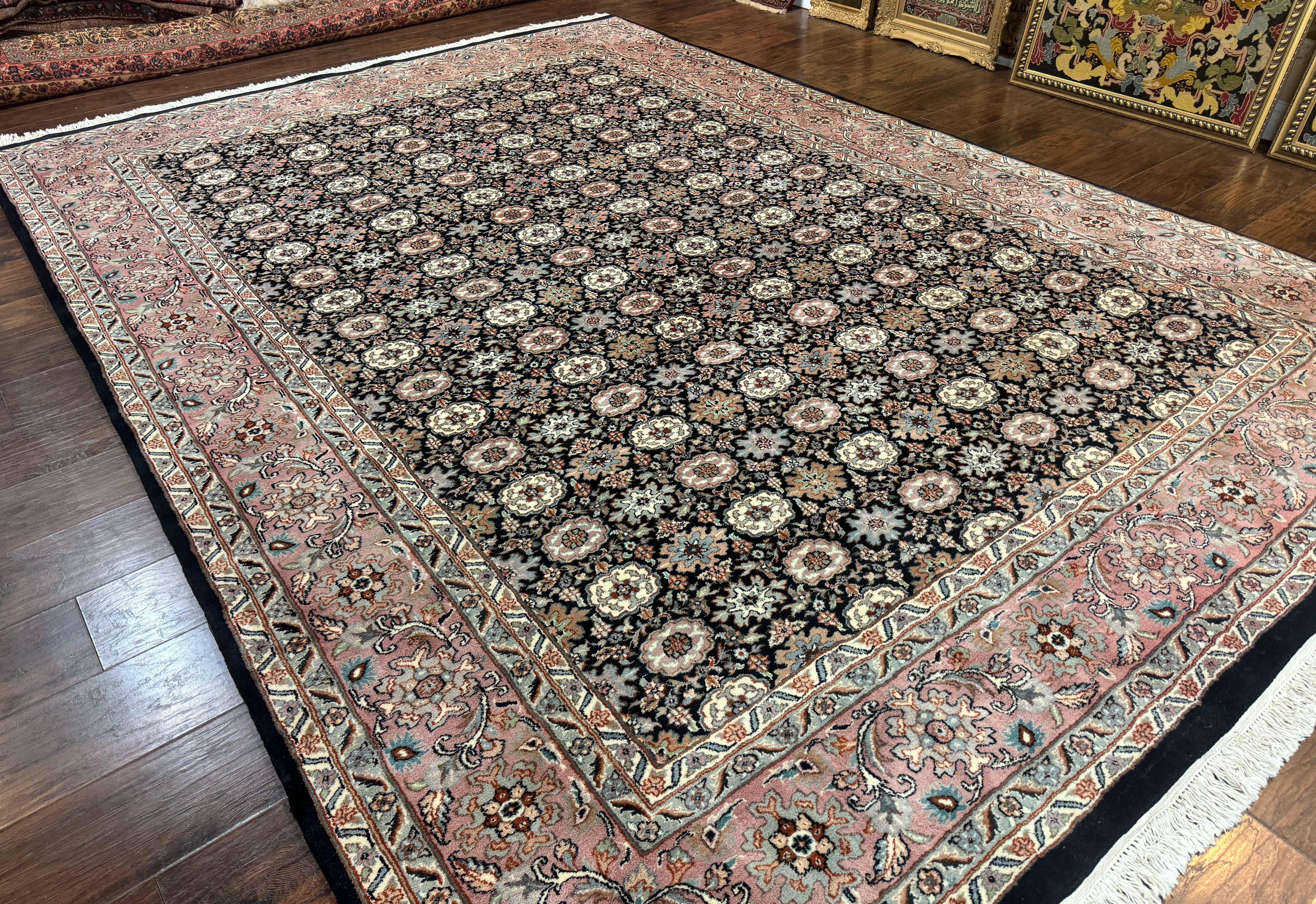 Indo Persian Rug 9x12, Vintage Handmade Wool Carpet, Repeated Allover Motif, Navy Blue and Pink - Jewel Rugs