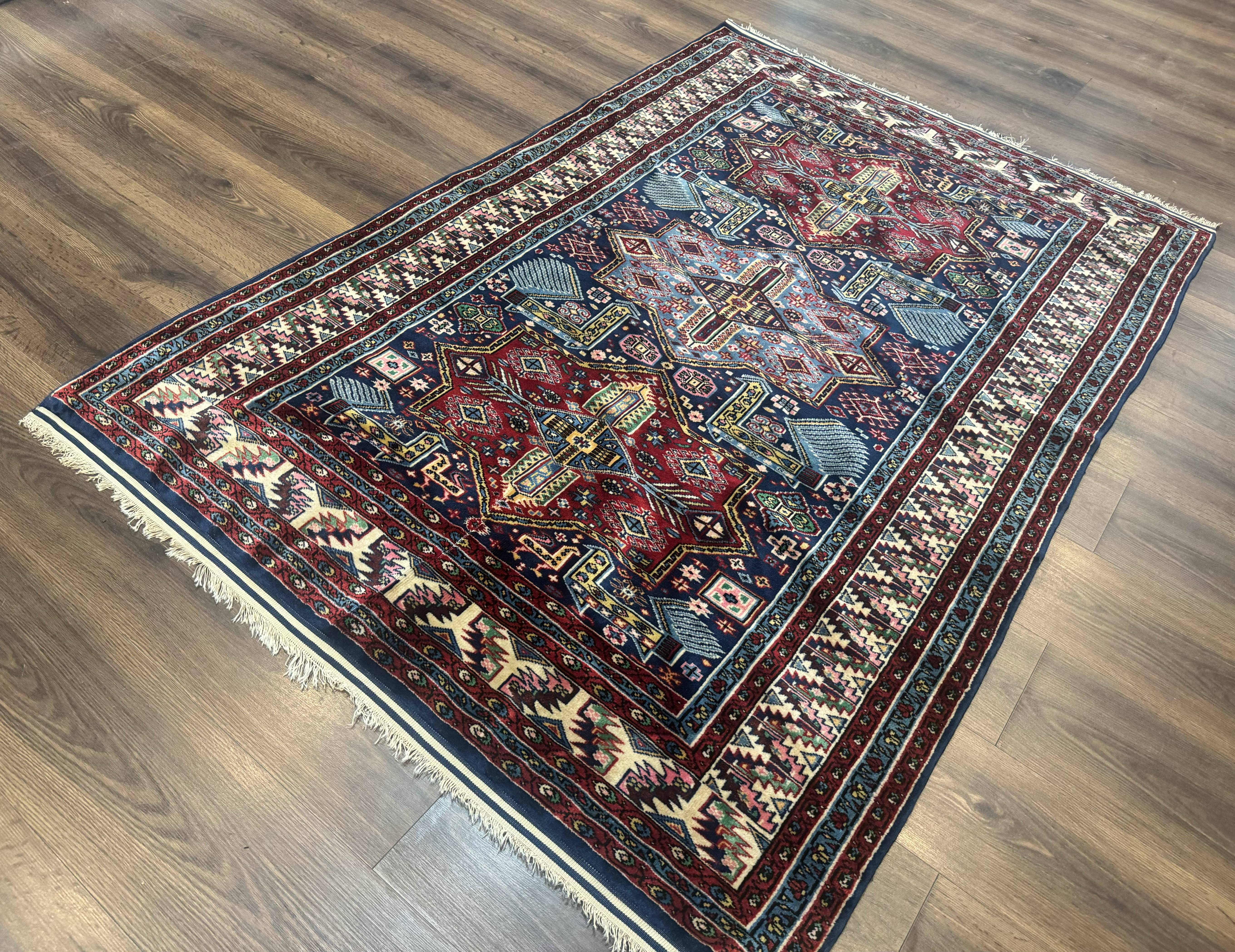 Indian Rug with Caucasian Design, 4x6 Geometric Carpet, Navy Blue and Cream - Jewel Rugs