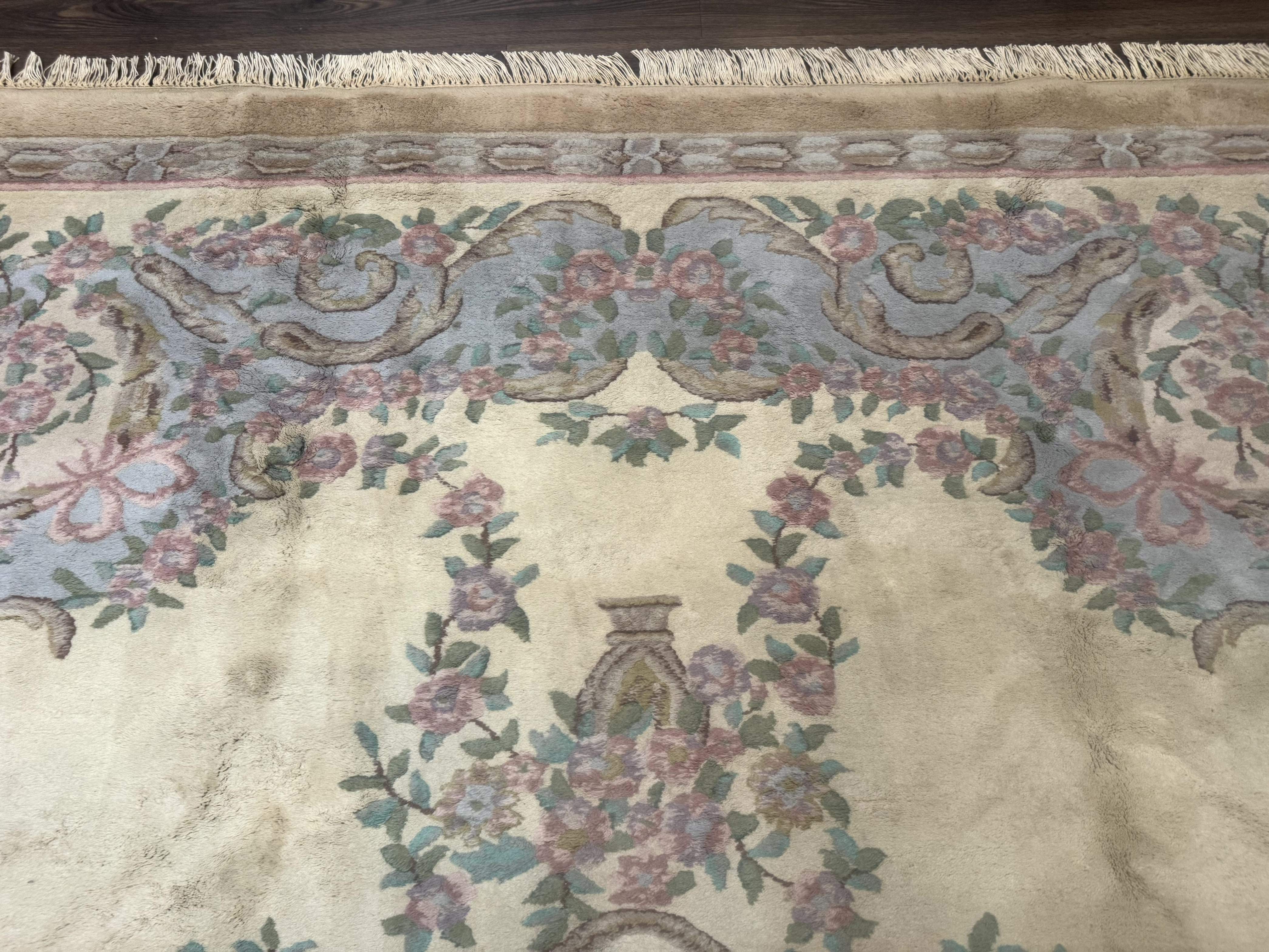 Indo Chinese Aubusson Rug 9x12, Cream and Light Blue, Soft Thick Wool Pile - Jewel Rugs