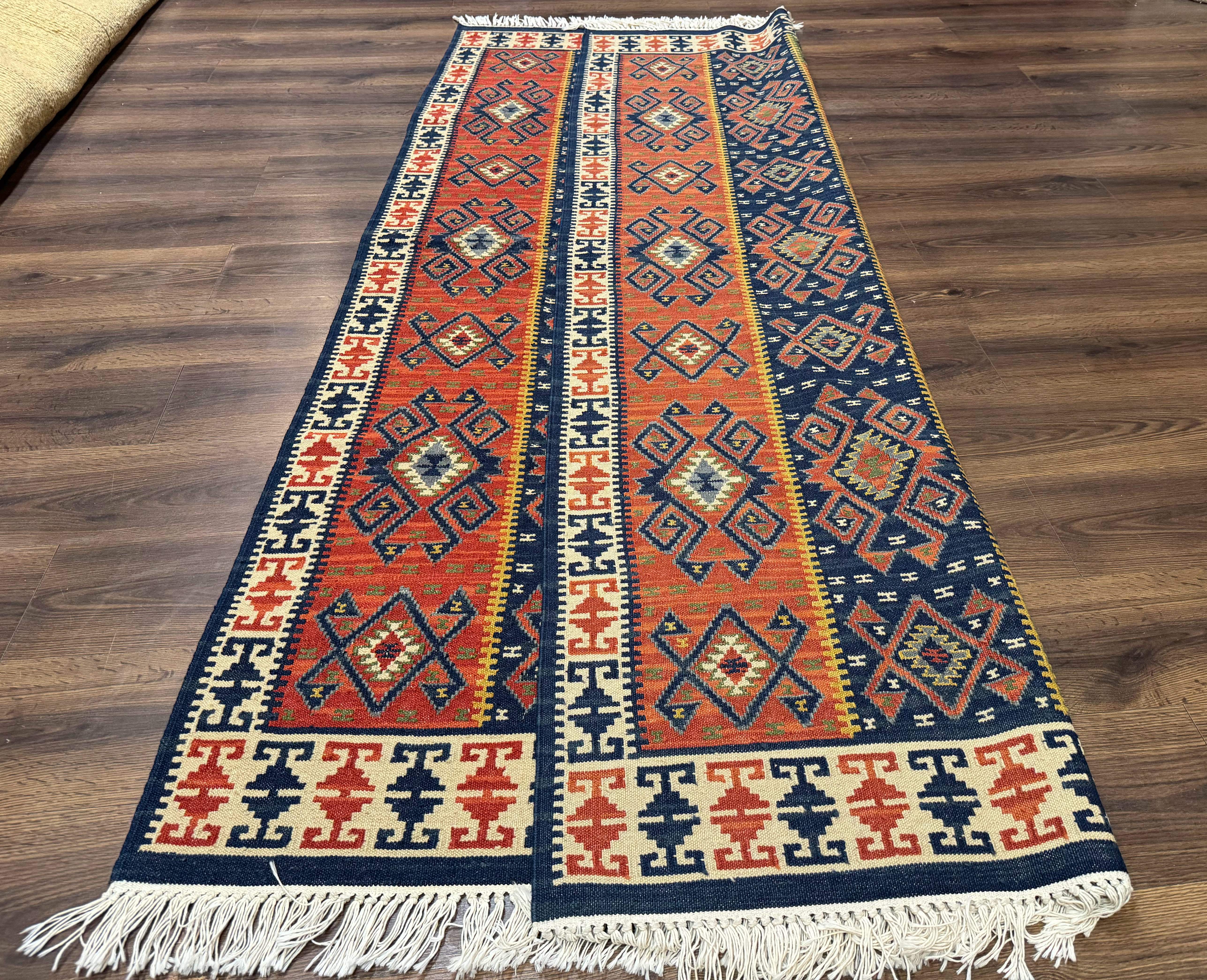 Turkish Kilim Rug 5x8, Flatweave Carpet, Handmade Bohemian Rug, Terracotta and Navy Blue - Jewel Rugs