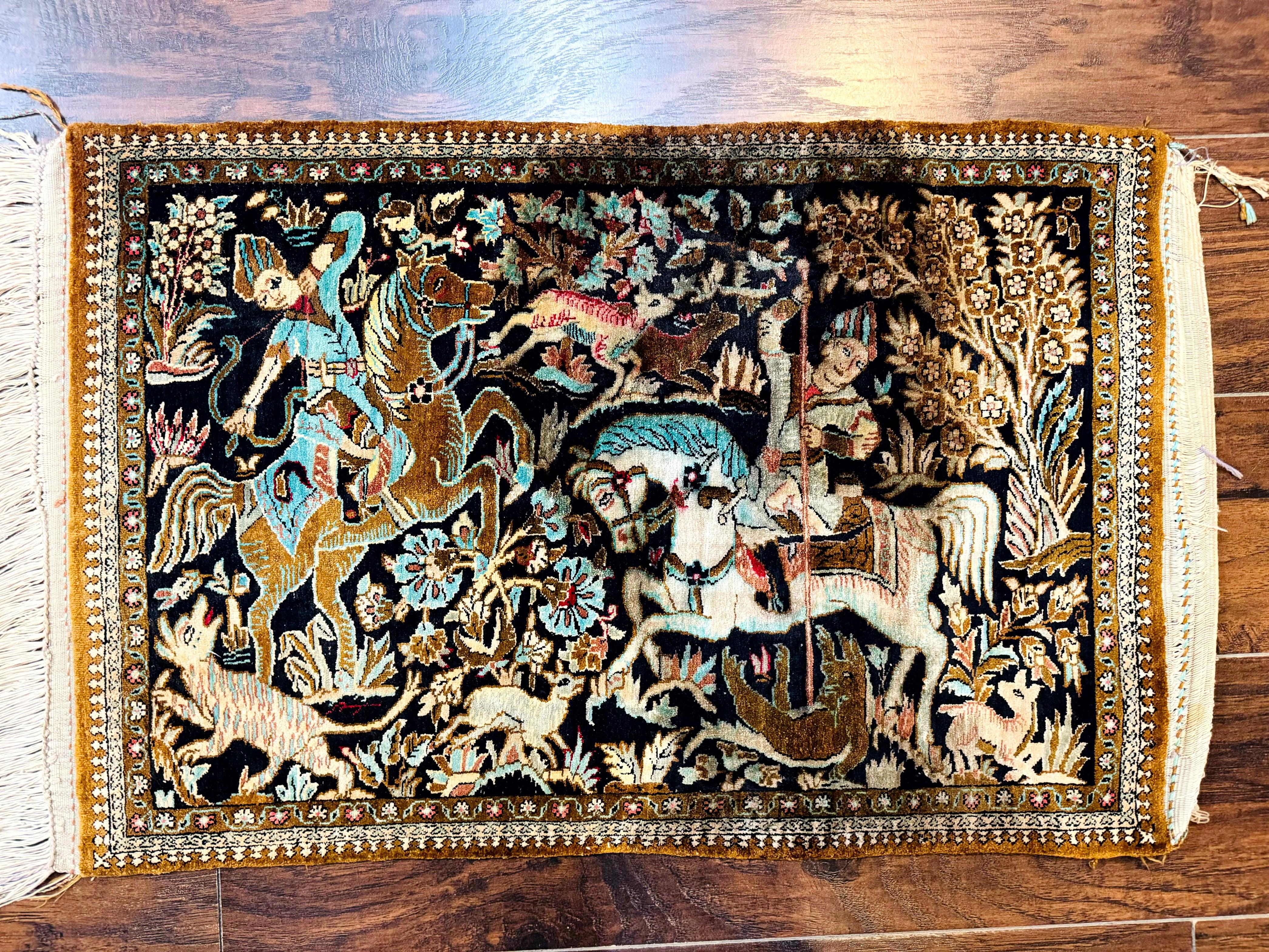 Persian Silk Qum Hunting Design Rug 2x3, Hunting Pattern, Horsemen, Silk on Silk, 330 KPSI - Jewel Rugs