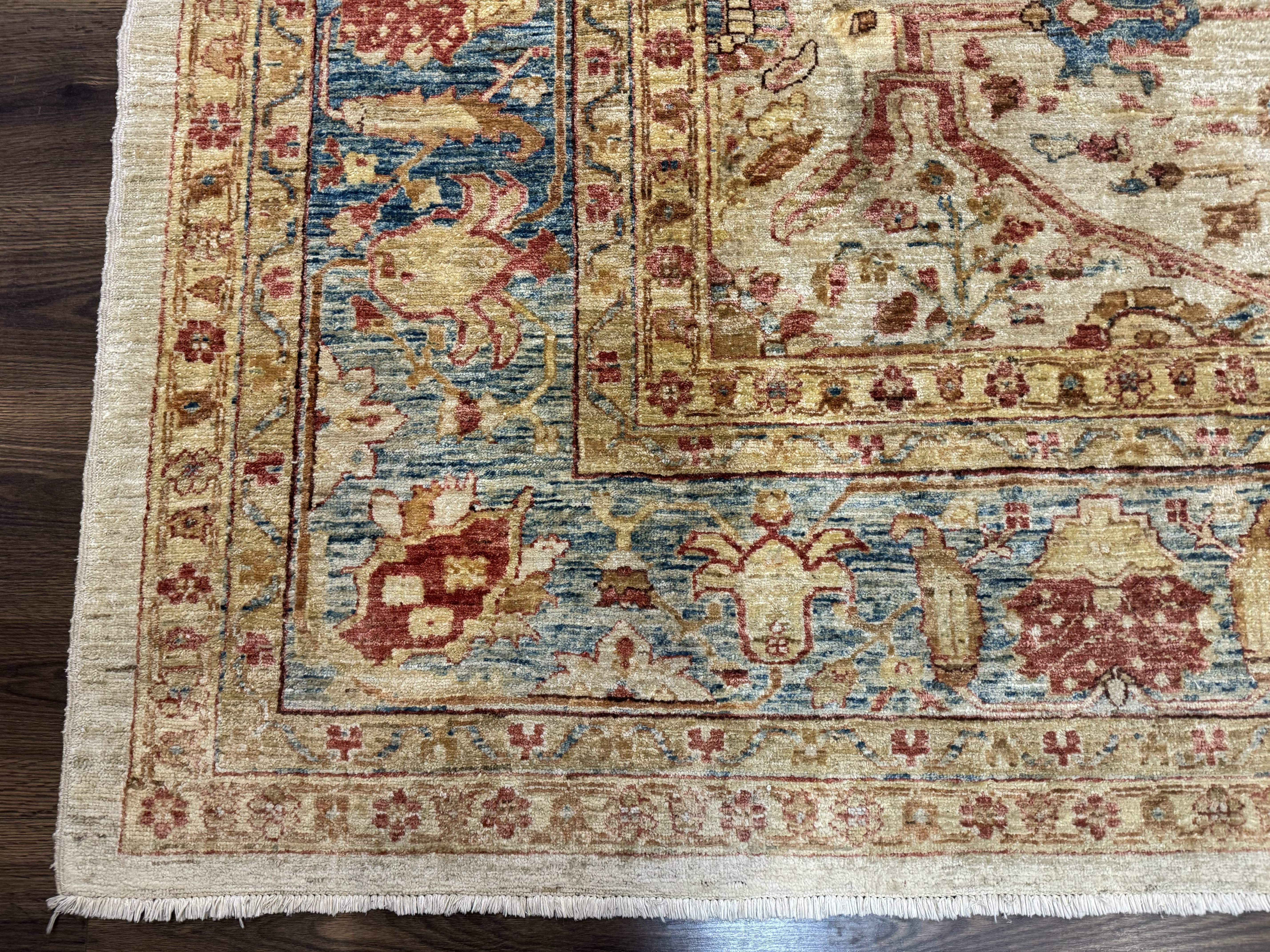 Pakistani Peshawar Rug 10x12 – Tan and Blue, Hand-Knotted Wool Oushak Carpet - Jewel Rugs