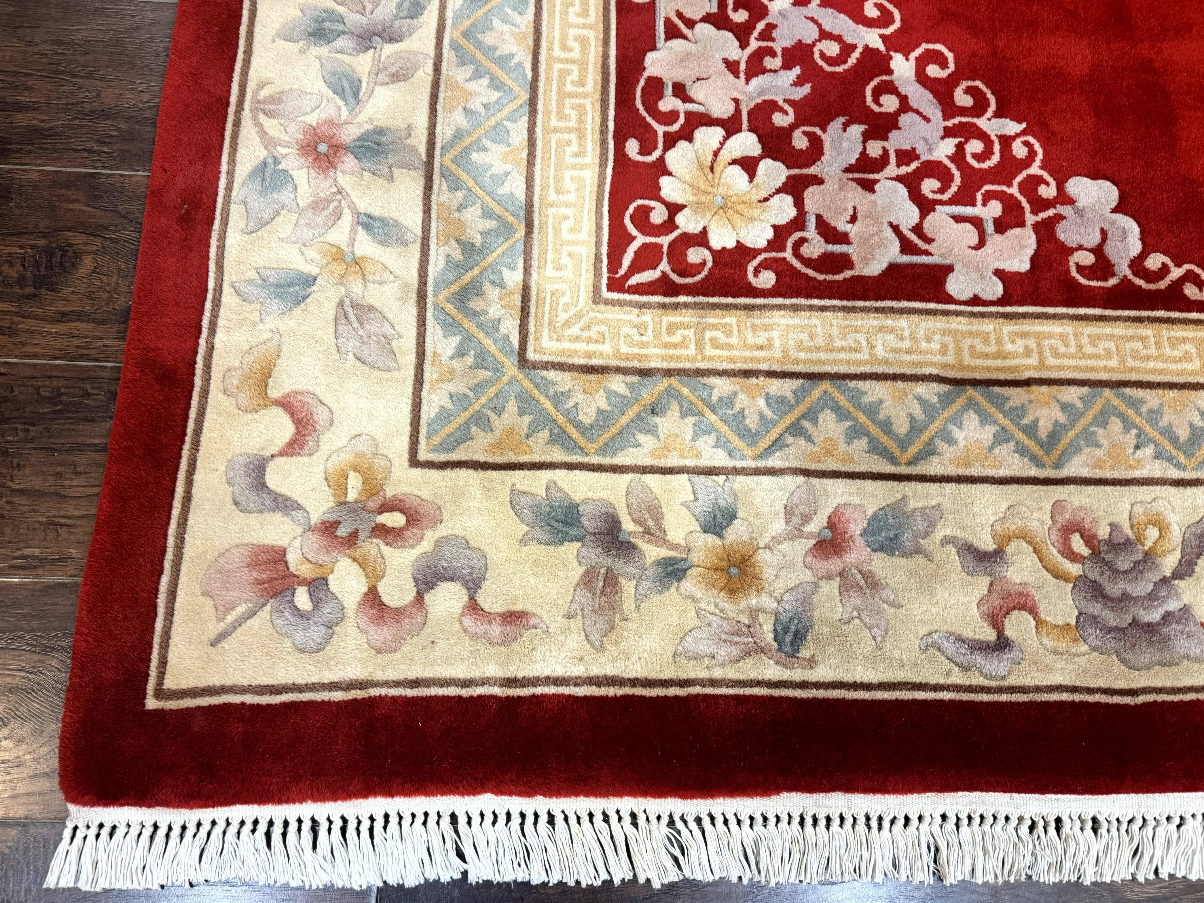 Chinese Wool Rug 8.6 x 11, Red and Beige Asian Oriental Carpet, Plush Pile, Vintage Handmade Chinese Carving Sculpted Rug, Semi Open Field - Jewel Rugs