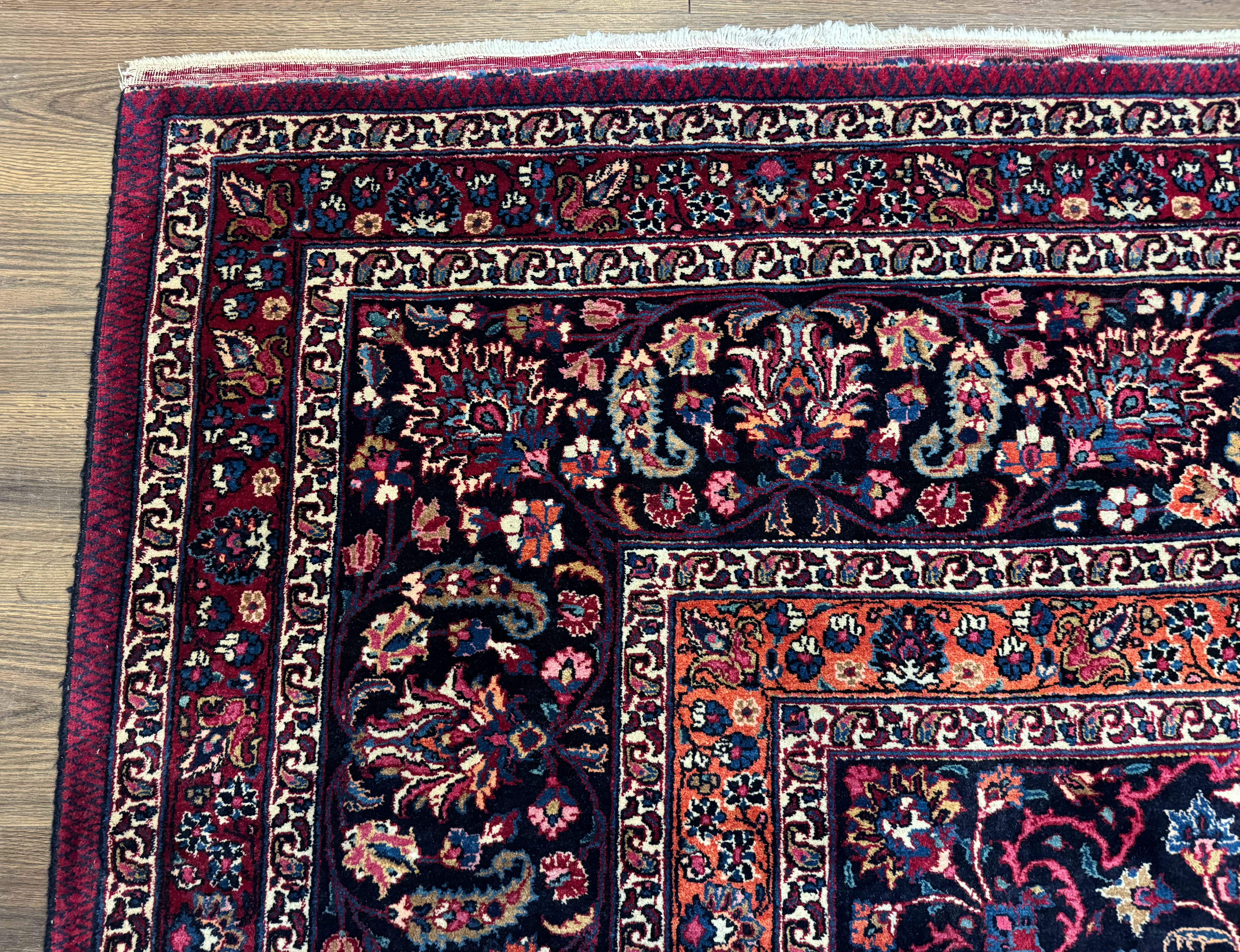 Antique Persian Mashad Rug 12x15, Palace Size Carpet, Wool Hand Knotted, Red and Navy Blue, Floral Medallion - Jewel Rugs