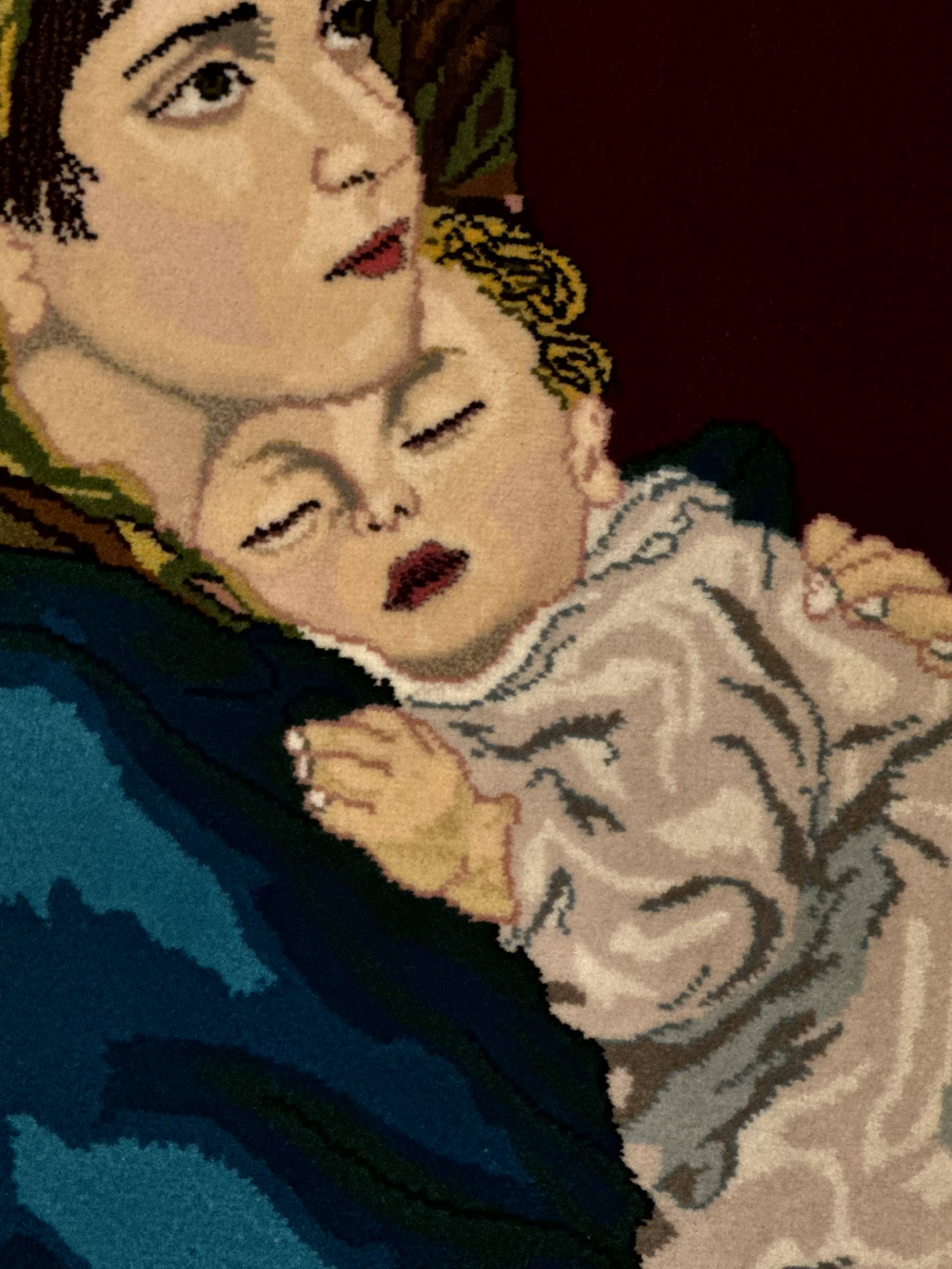 Small Persian Tabriz Pictorial Rug 2x2, Mother Holding Child, Very Fine 340 KPSI, Maroon - Jewel Rugs