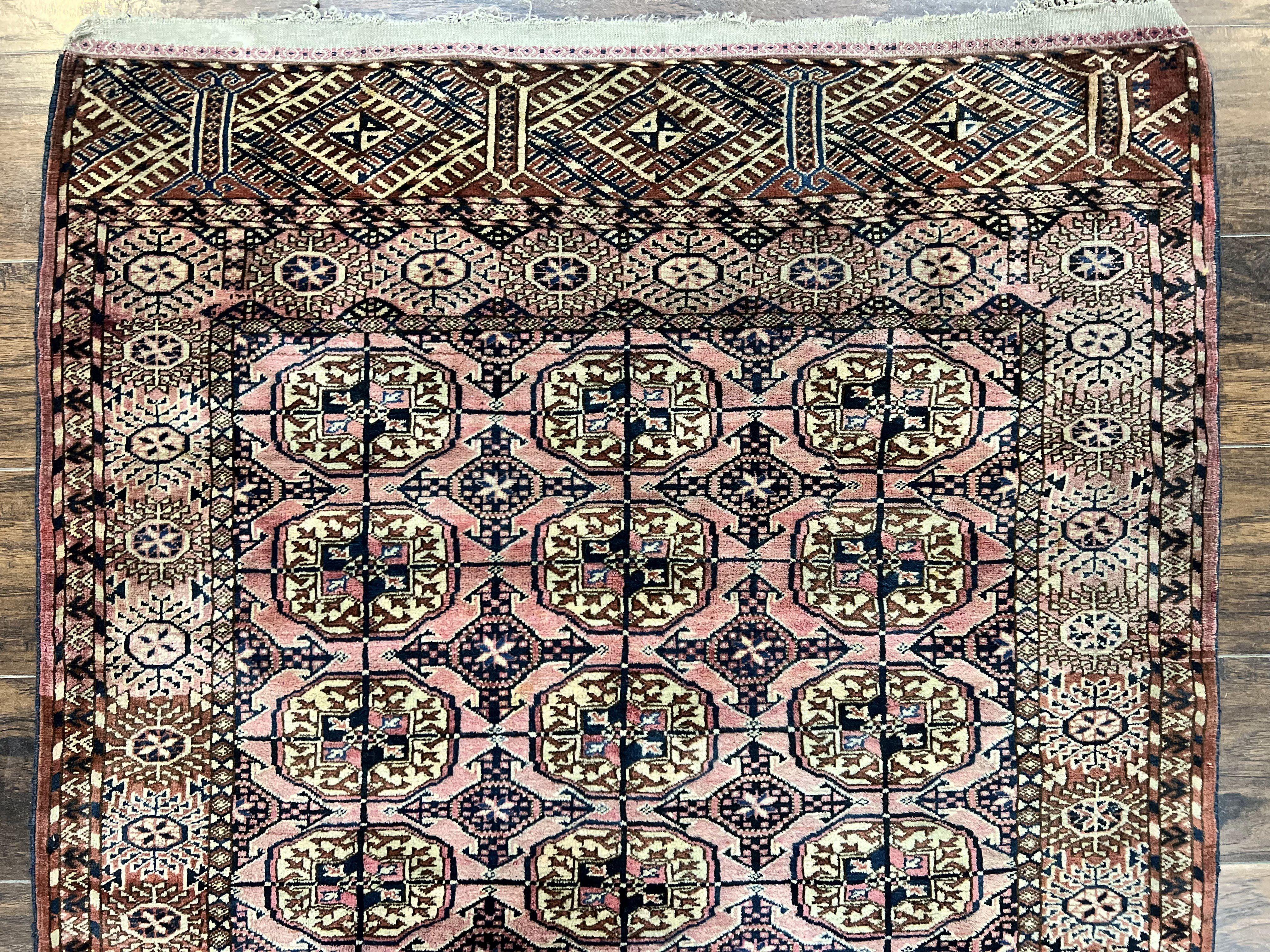 Persian Turkoman Rug 4x6, Wool Hand Knotted Antique Bokhara Carpet, Red Pink, Handmade Tribal Oriental Rug 4 x 6 ft - Jewel Rugs