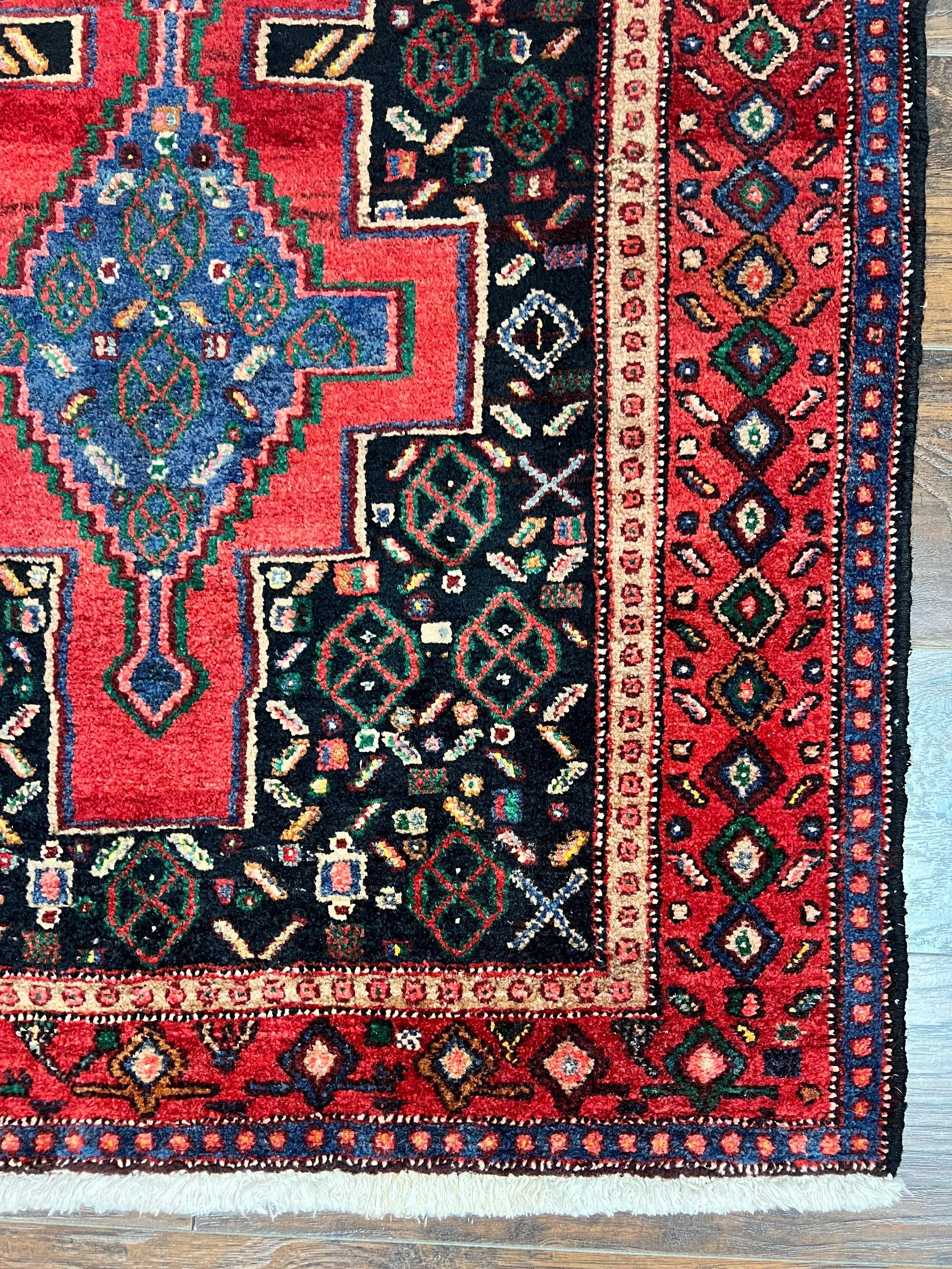 Persian Kurdish Senneh Runner Rug 3x9, Red Navy Blue, Medallions Wool Tribal Runner for Kitchen/Hallway 9ft Antique Handmade Oriental Runner - Jewel Rugs