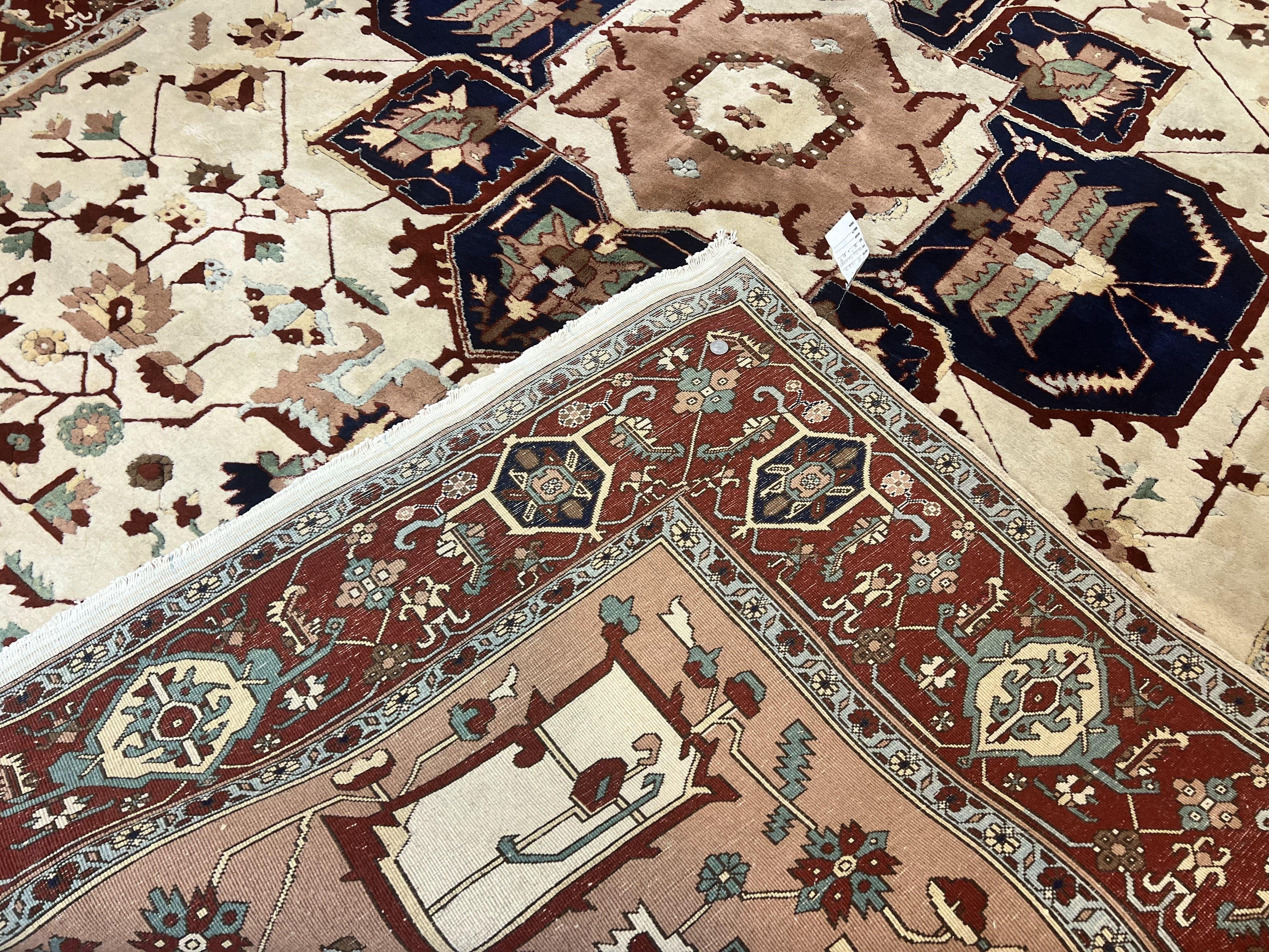 Indo Heriz Rug 9x12, Geometric Indo Persian Room Sized Decorative Area Rug 9 x 12 ft, Cream Navy Blue Pink Handmade Vintage Wool Carpet - Jewel Rugs