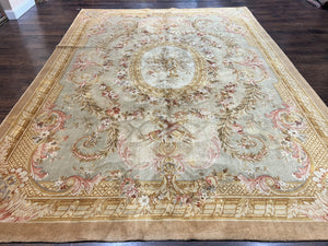 Aubusson Rug 9x12, Wool Hand Knotted Vintage Carpet, European Design, Elegant Room Sized Rug 9 x 12