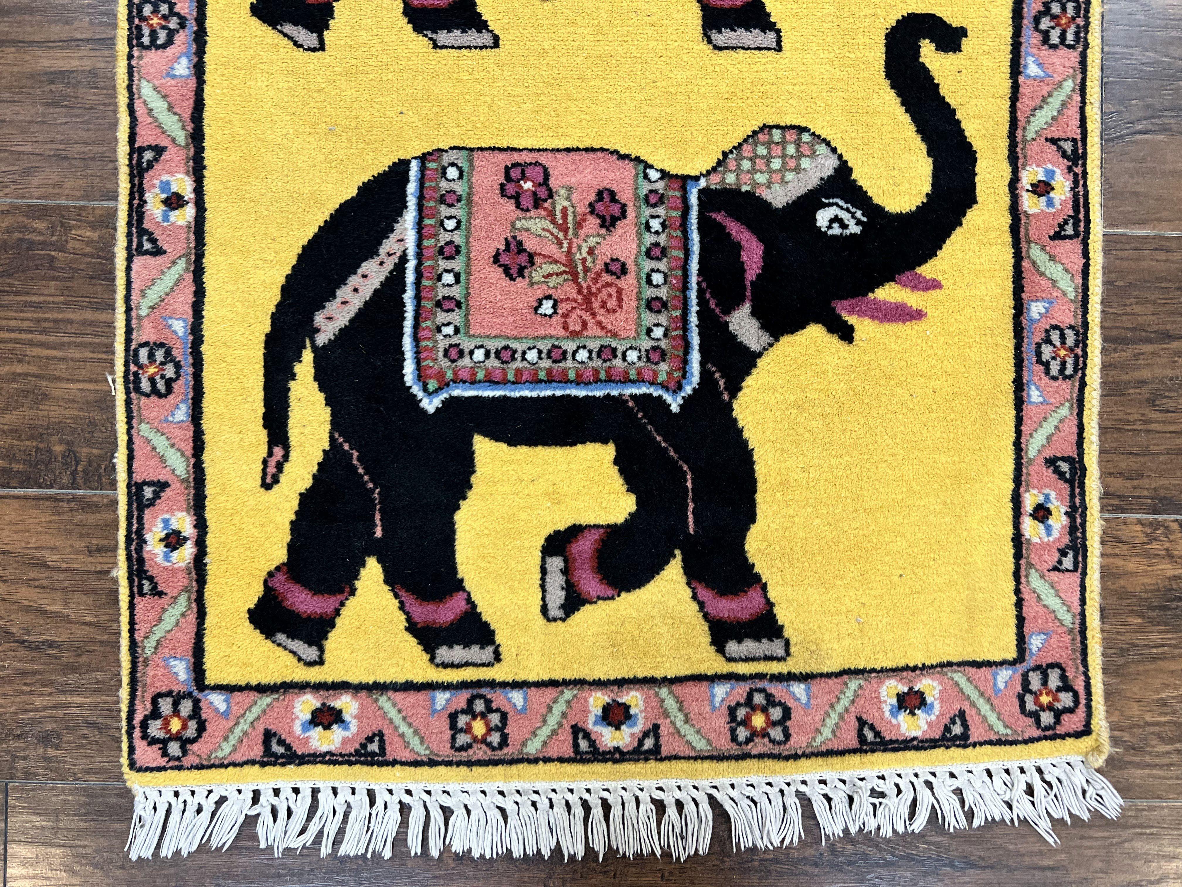 Unique Indian Pictorial Rug 2x3, Small Wool Hand Knotted Oriental Carpet, Yellow, Two Elephants, Handmade - Jewel Rugs