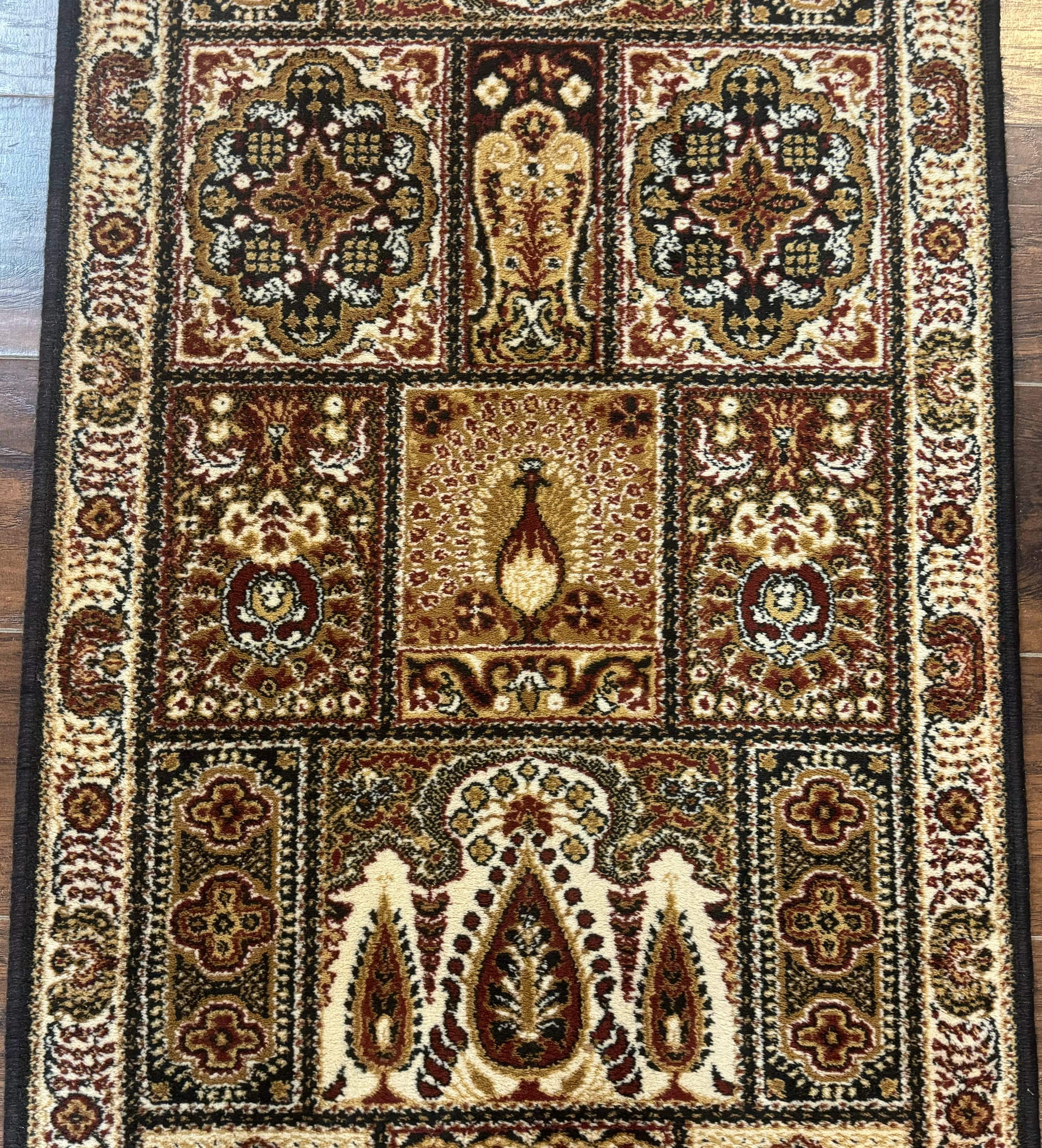 Couristan Runner Rug 2x9, Panel Design, Peacocks, Belgium Power Loomed, Wool Runner - Jewel Rugs