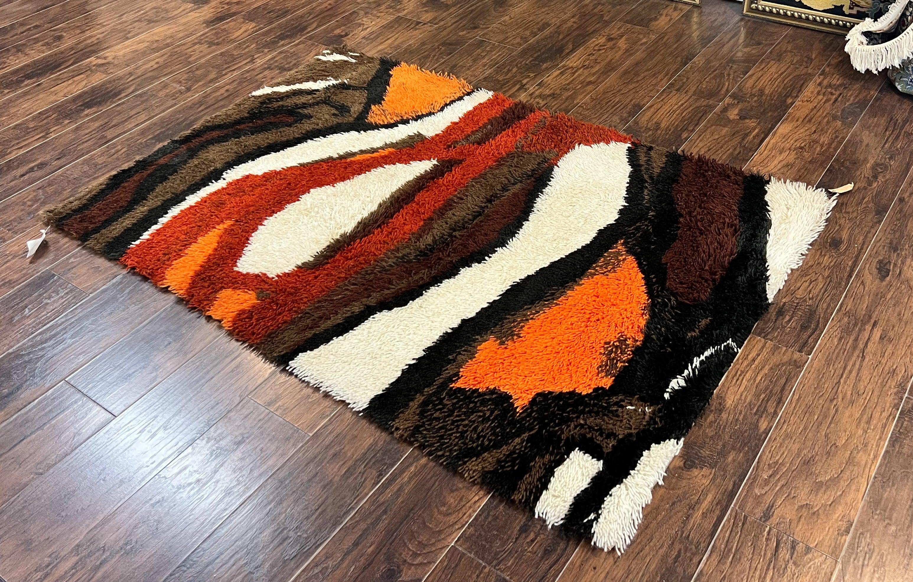 Danish Rya Rug 4x6, Mid Century Modern Abstract EGE Rya Carpet, Vintage Retro Shag Rug, Orange Brown Ivory Black - Jewel Rugs