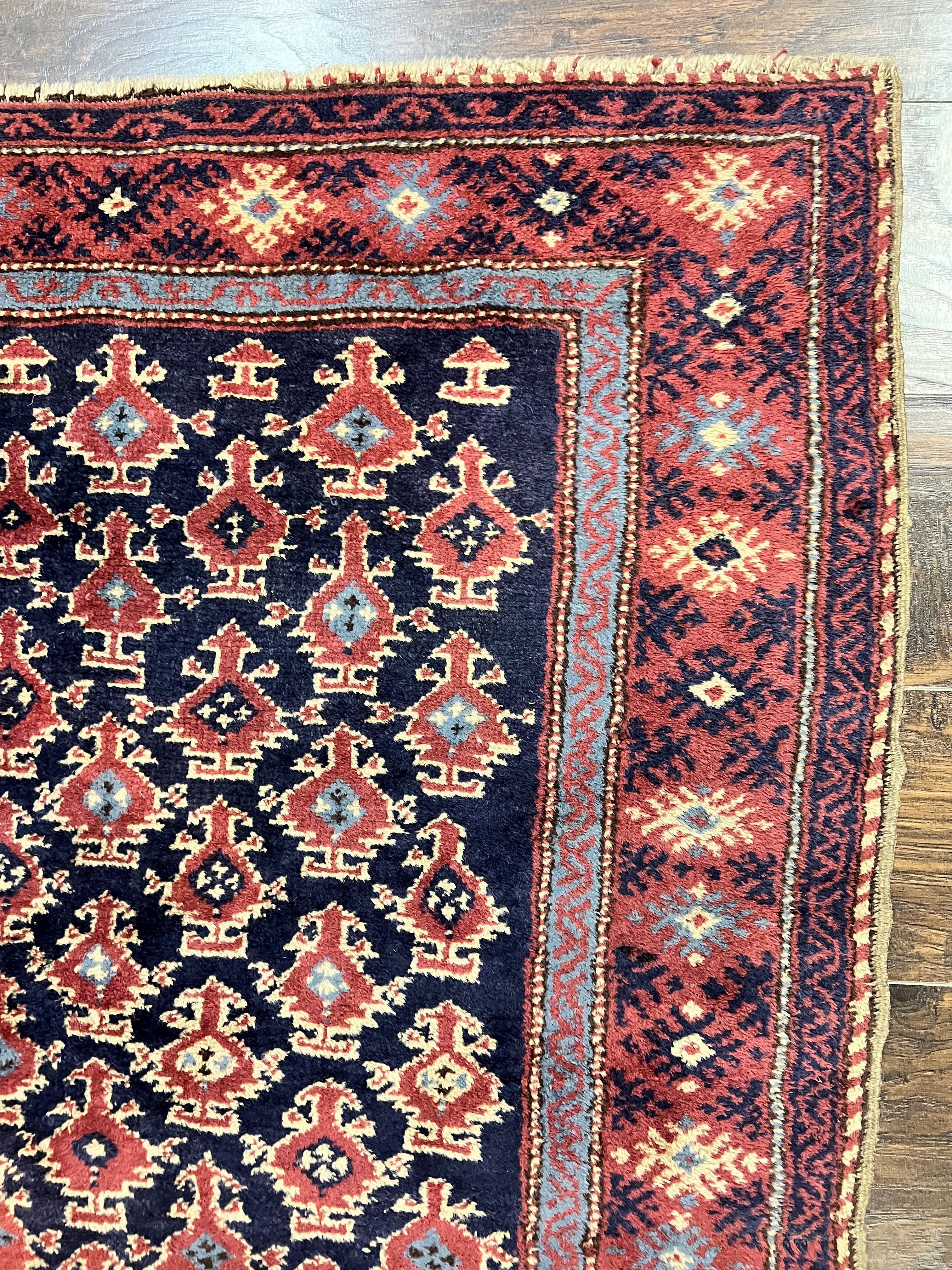 Turkish Sparta Rug 3x4, Allover Pattern, Navy Blue and Red, Antique Ispara Oriental Carpet 3 x 4, Small Turkish Handmade Vintage Wool Rug - Jewel Rugs