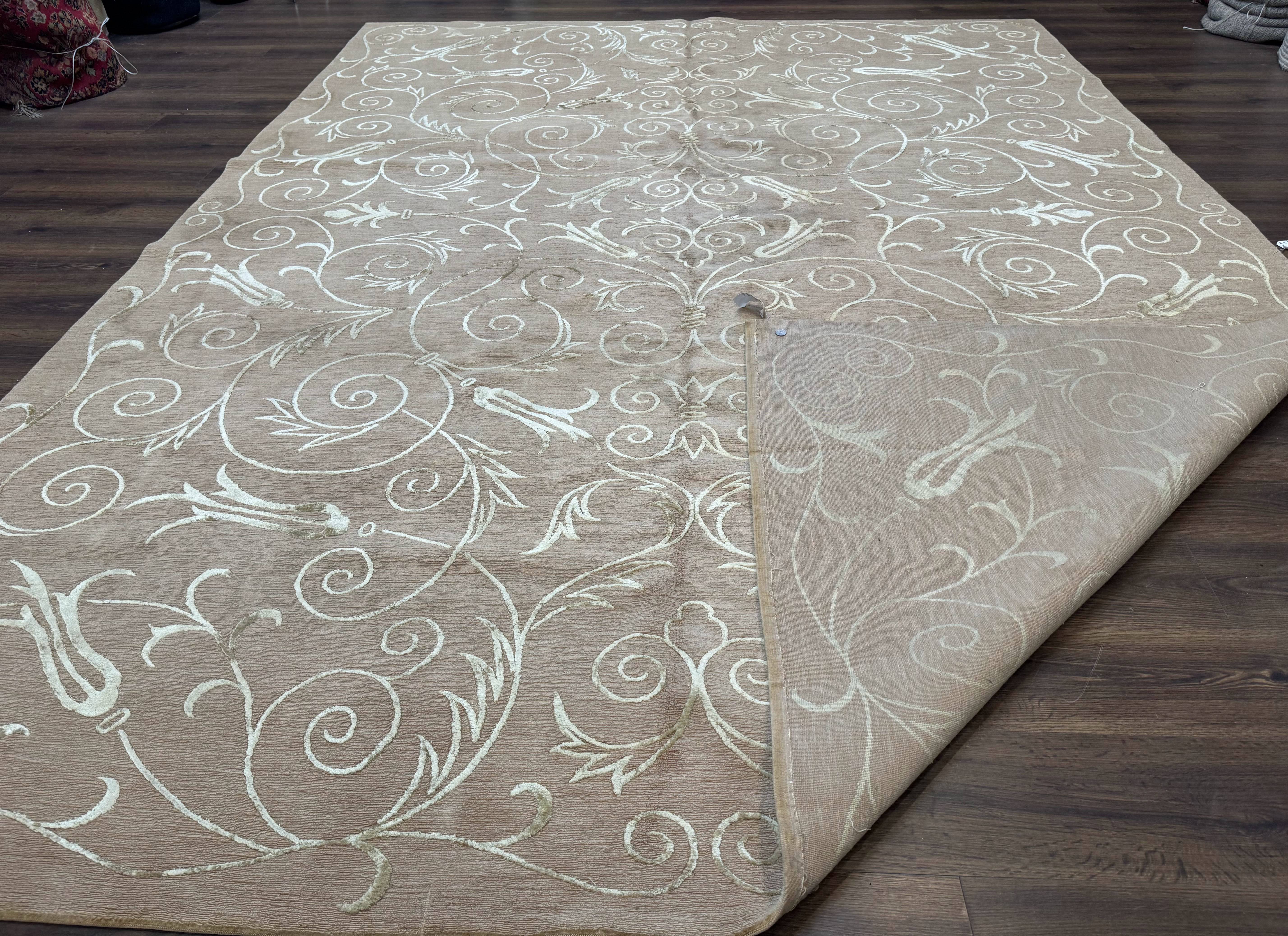 Tibetan Rug 9x12 Wool and Silk Beige Modern Handmade Carpet - Jewel Rugs