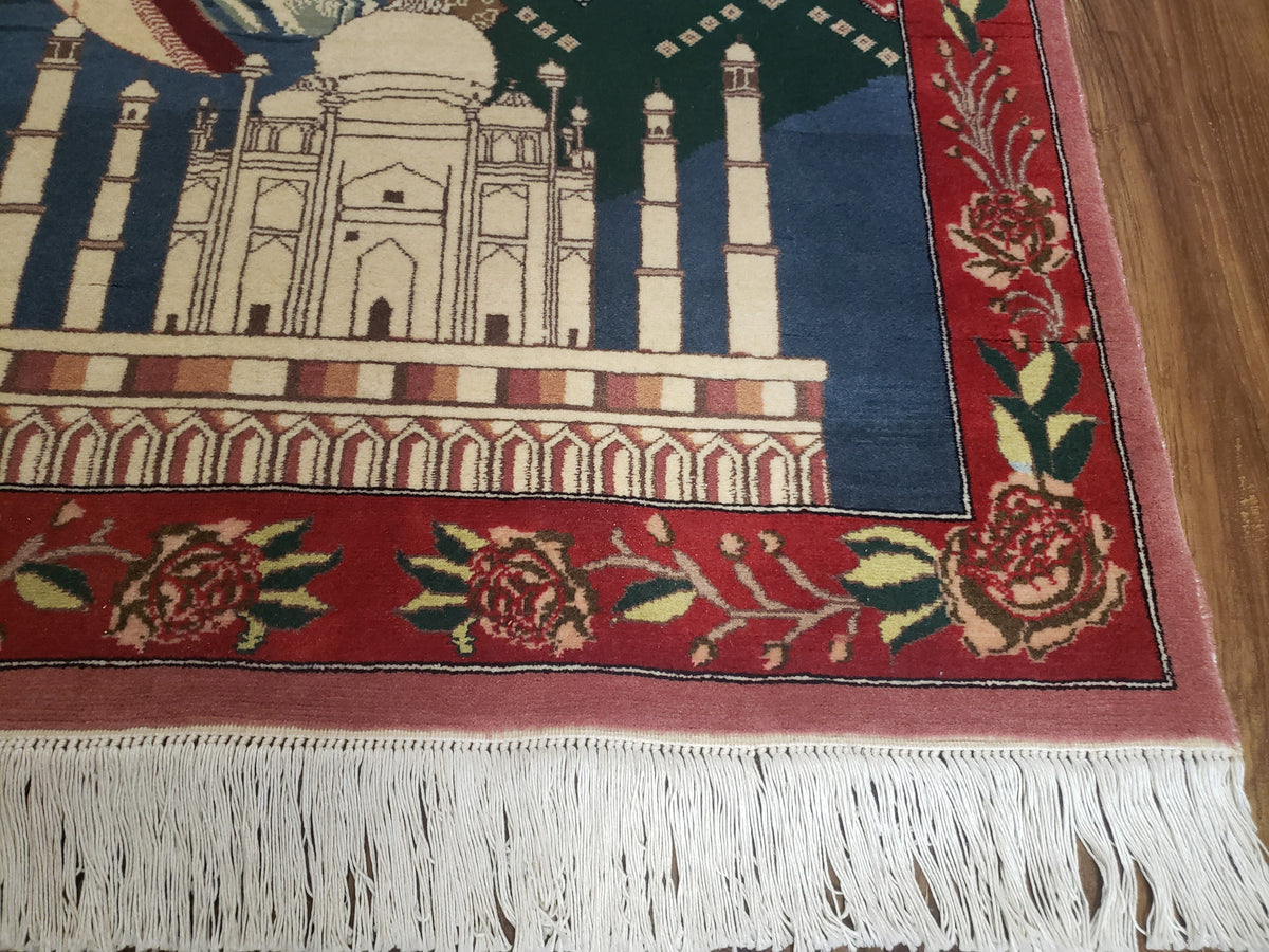 Vintage Small Pictorial Lovers Rug 2.5 x 4, Taj Mahal Indo Persian Rug, Wool Hand-Knotted Indian Rug, King & Queen, Layla and Majnun