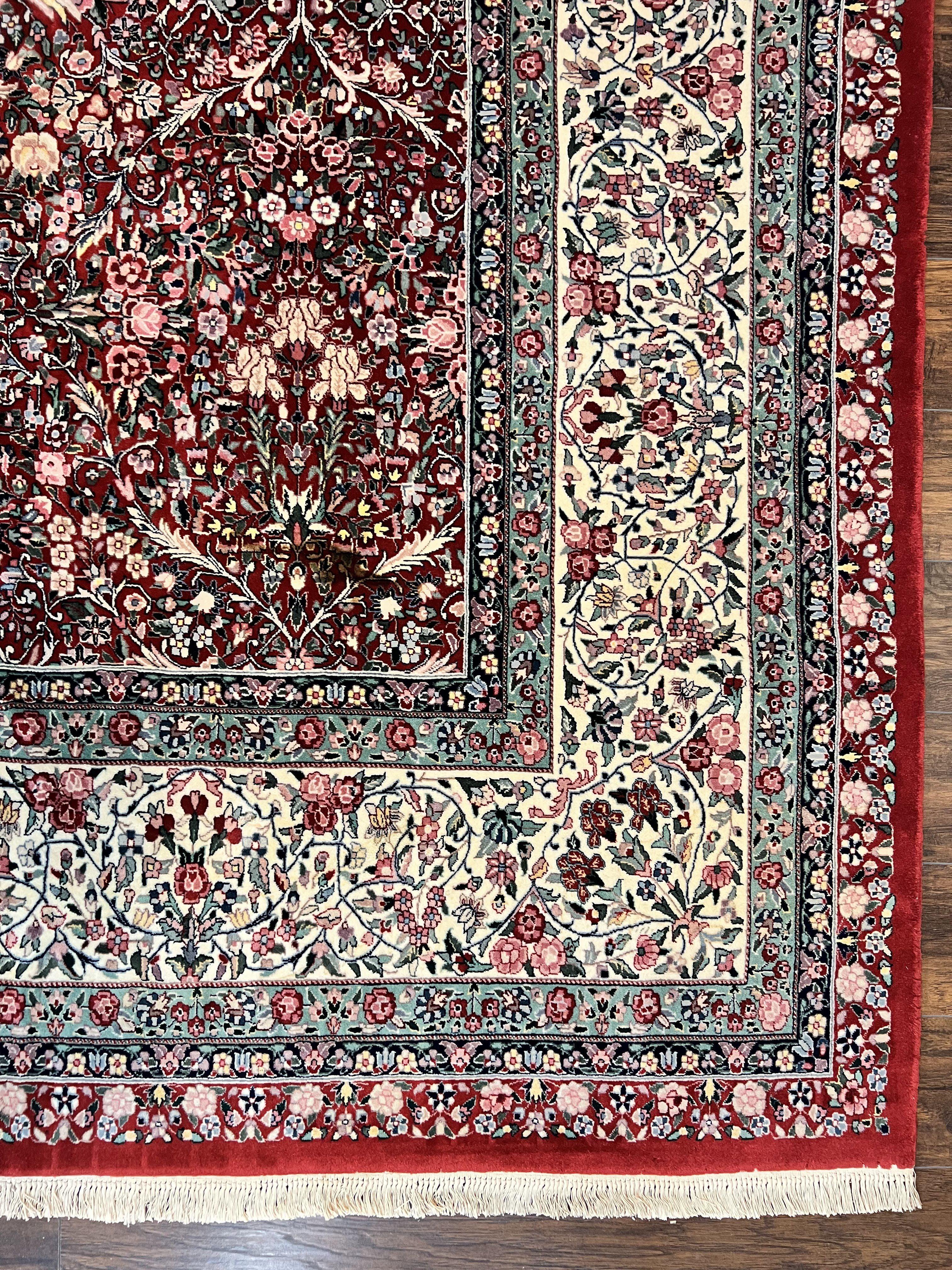 Pak Persian Rug 11x15, Wool & Silk Highlights Hand Knotted Vintage Carpet, Red Cream, Floral Allover, Oversized Kirman Rug - Jewel Rugs