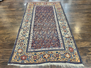 Persian Senneh Rug 4x8, Wool Hand Knotted Antique Kurdish Carpet, Navy Blue Oriental Area Rug, 4 x 8 Rug