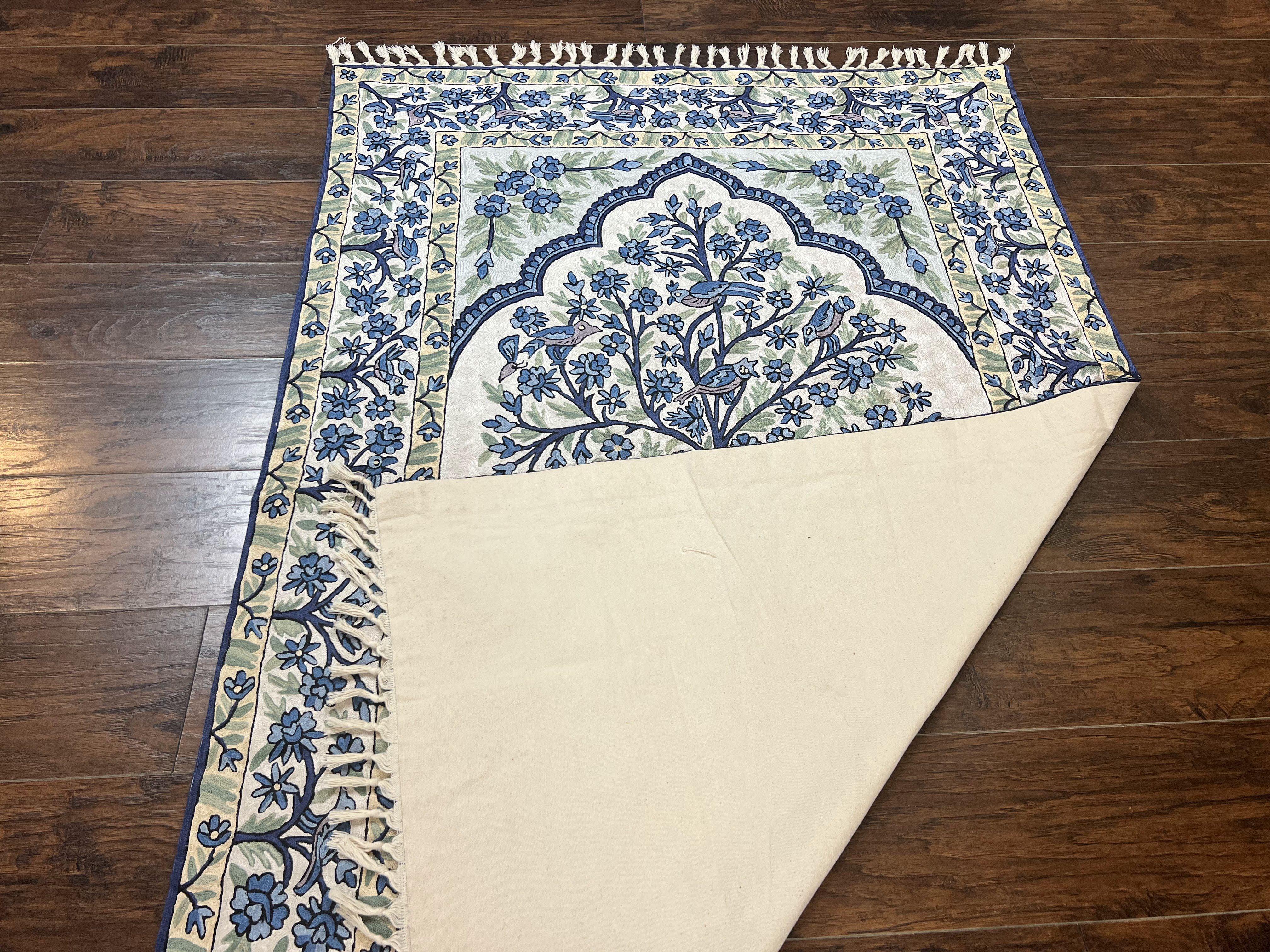 Tree of Life Indian Hand Stitched Rug 4x6, Indian Wall Hanging Rug, Ivory Blue, Silk on Cotton, Vintage - Jewel Rugs