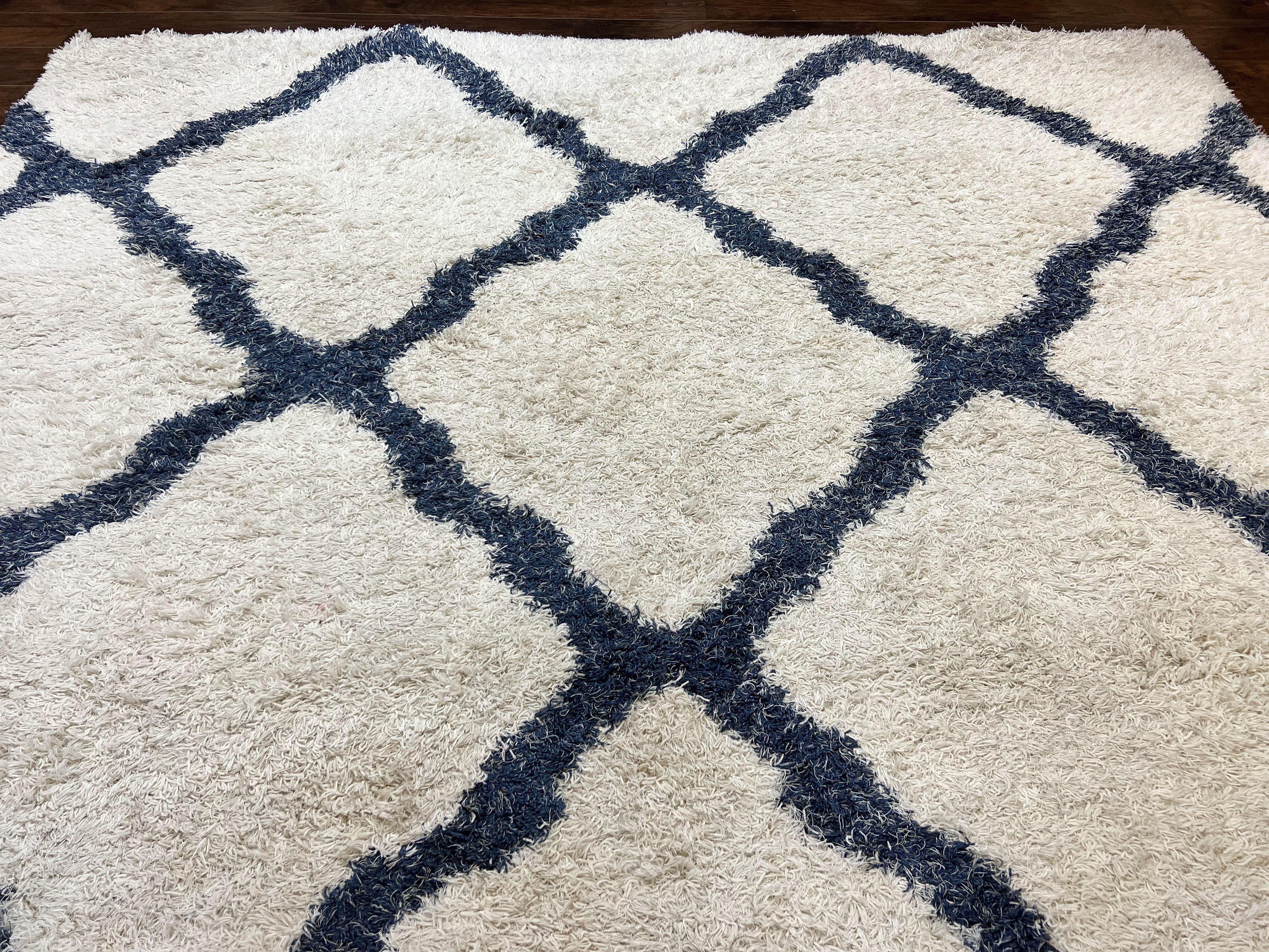 Modern Shag Rug 9x12, Ivory and Dark Blue, Diamond Pattern, Soft, Room Sized, Contemporary Rug, Plush - Jewel Rugs