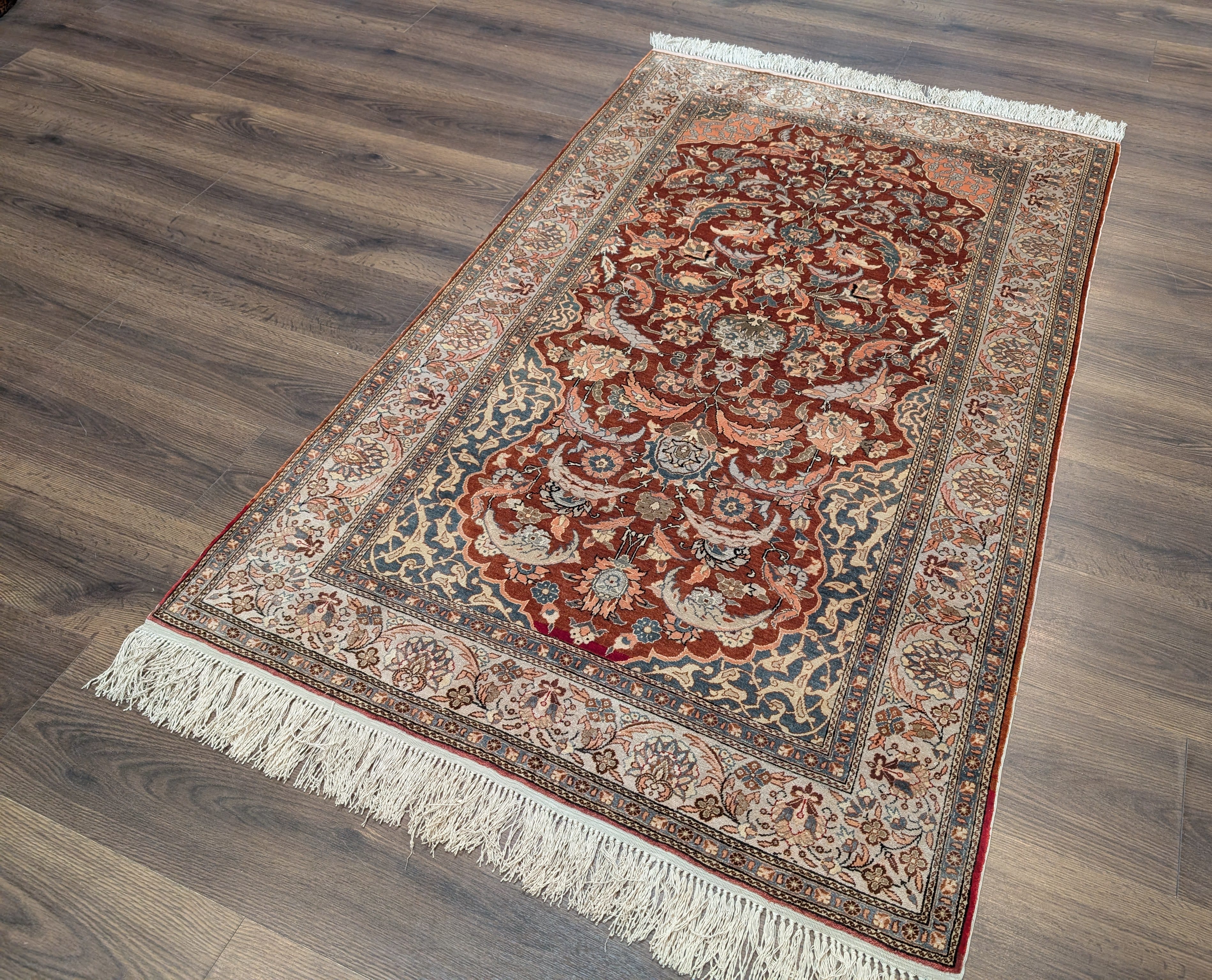 Silk Turkish Hereke Rug 3x5, Fine Hand-Knotted Silk Carpet, Rust Red & Green - Jewel Rugs