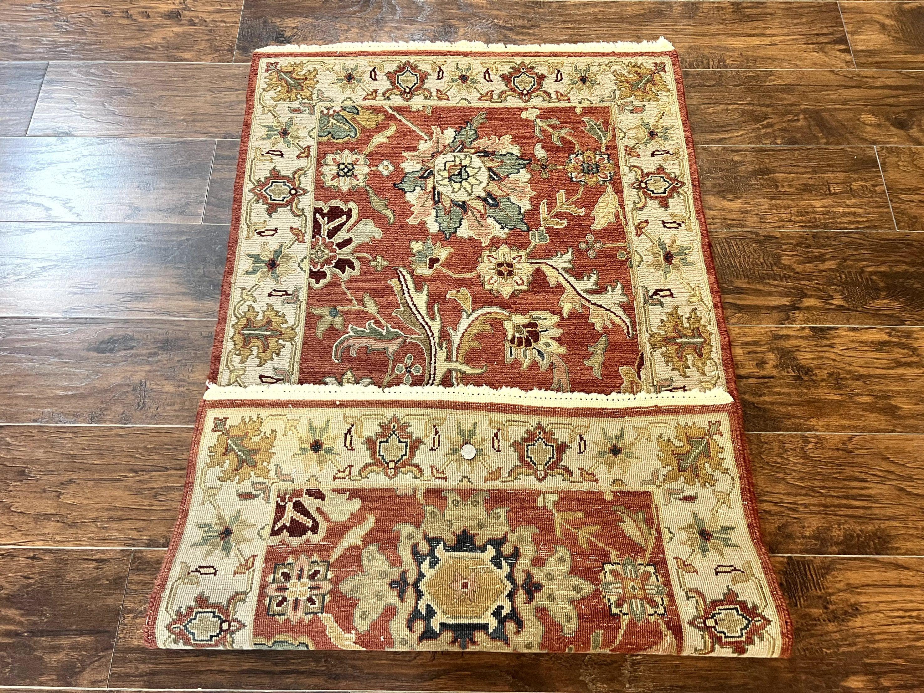 Turkish Flatweave Oushak Rug 3x5, Red and Tan, Floral, Handmade Vintage Wool Rug - Jewel Rugs