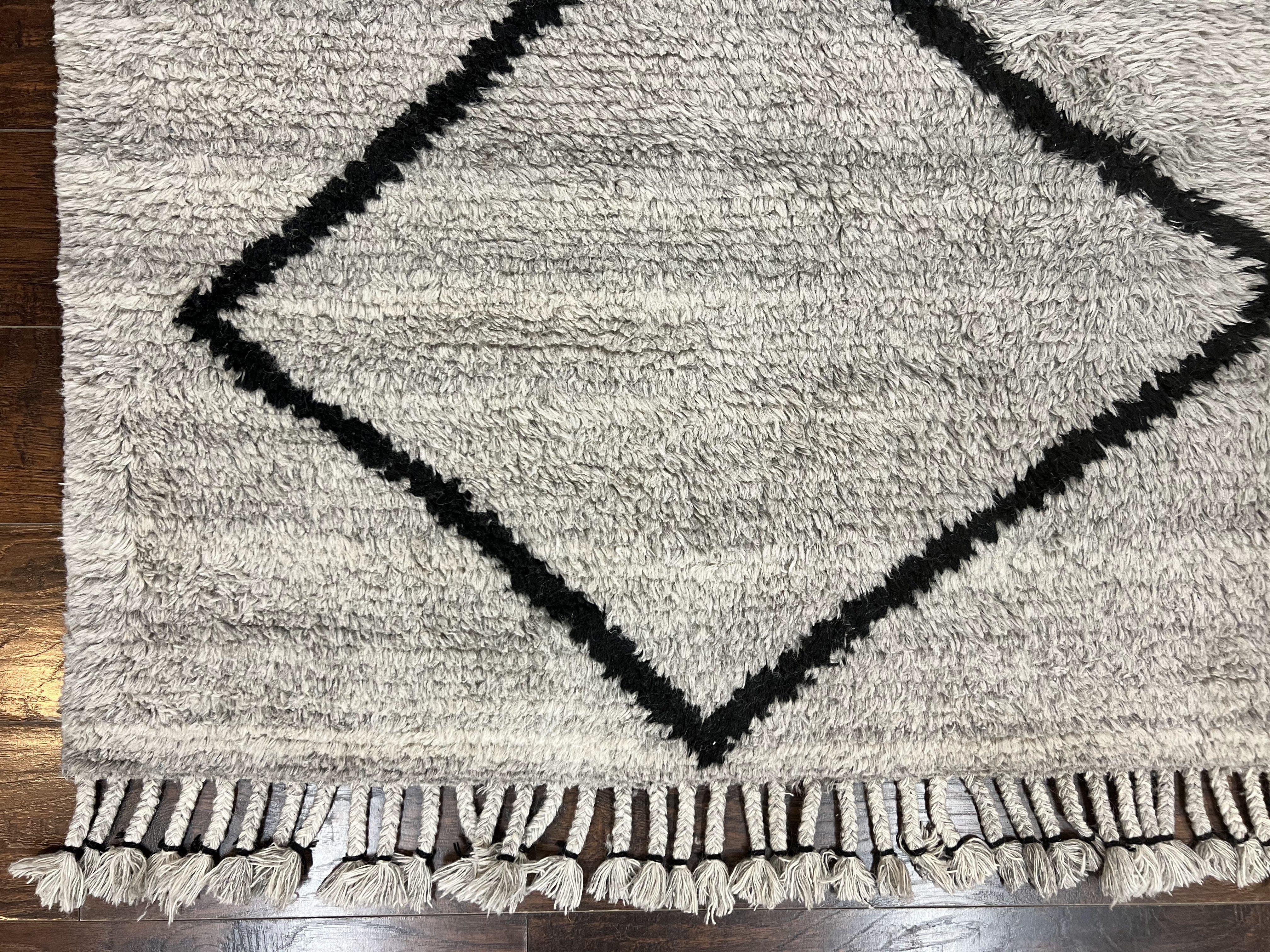 Modern Shag Rug 8x10, Gray and Black, Wool and Cotton, Lulu and Georgia, Handmade Indian Shag Rug - Jewel Rugs