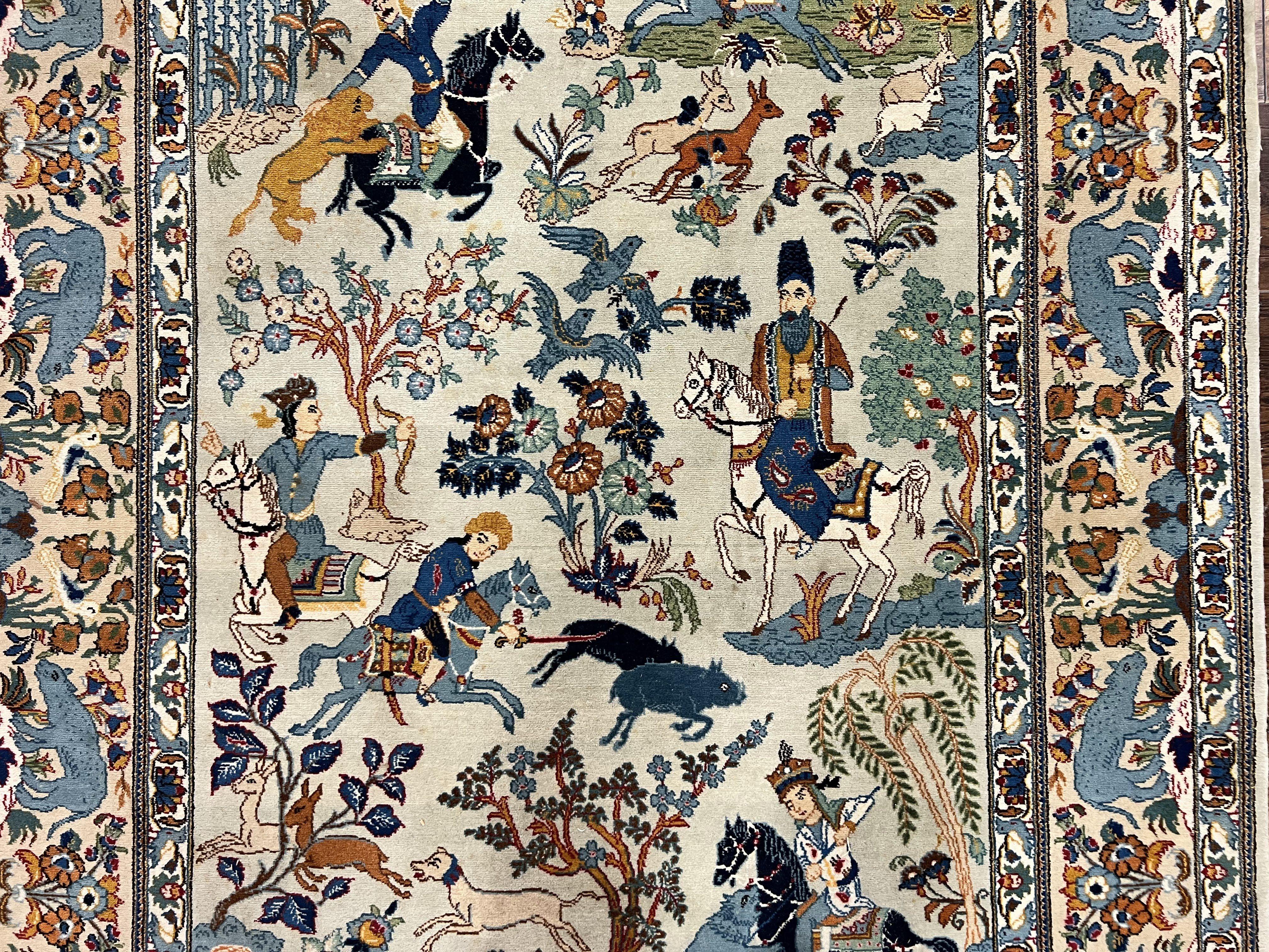 Persian Kashan Pictorial Rug 4.6 x 7, Hunting Scene, SIgned by Masterweaver, Animal Pictorials, Rare, Handmade, Wool, Vintage, Very Fine - Jewel Rugs