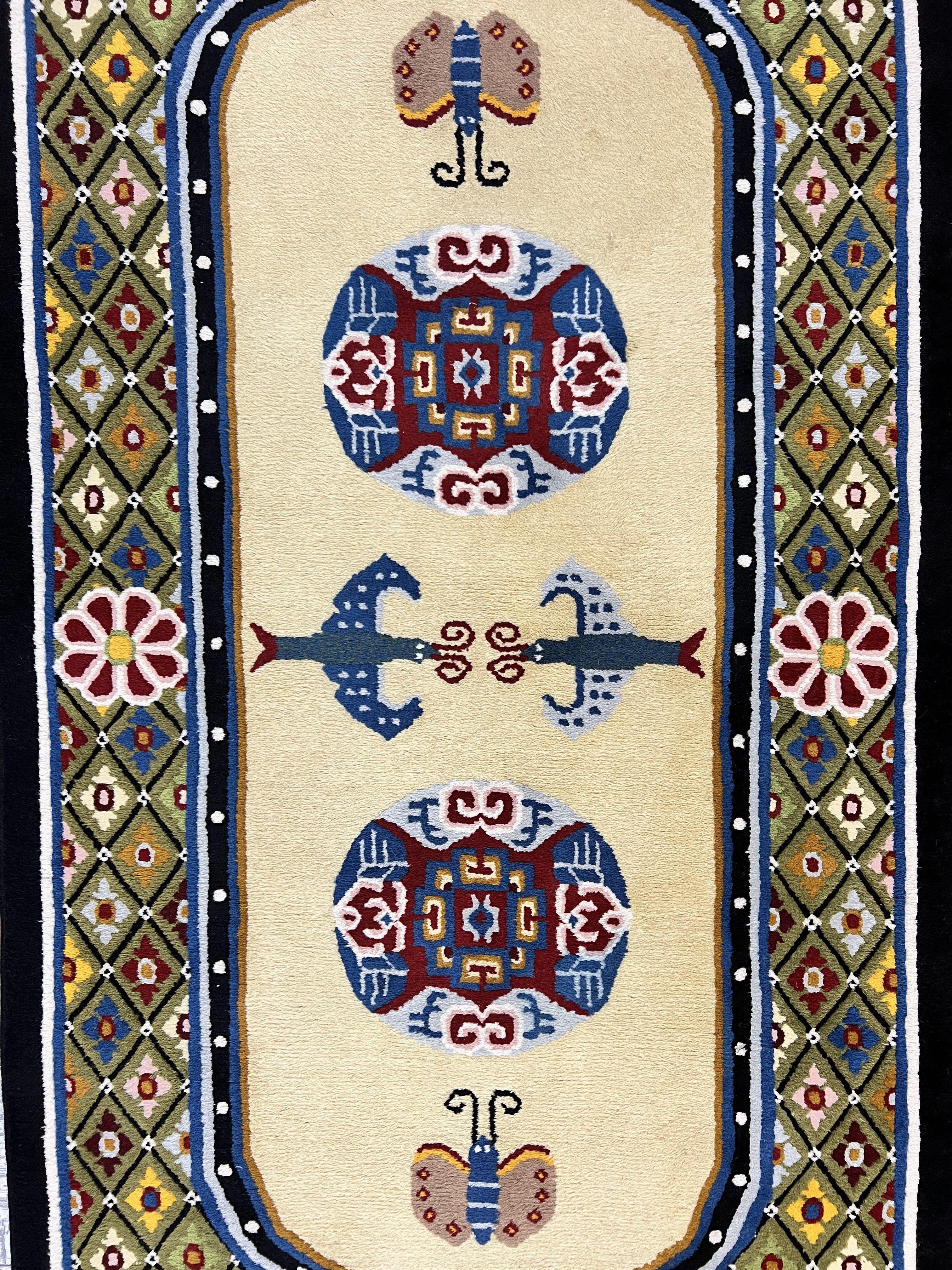 Chinese Rug 3x6 ft, Chinese Wool Rug, Tiensin Rug, Handmade Wool 3 x 6 Vintage Peking Rug, Art Deco Rug, Butterflies - Jewel Rugs