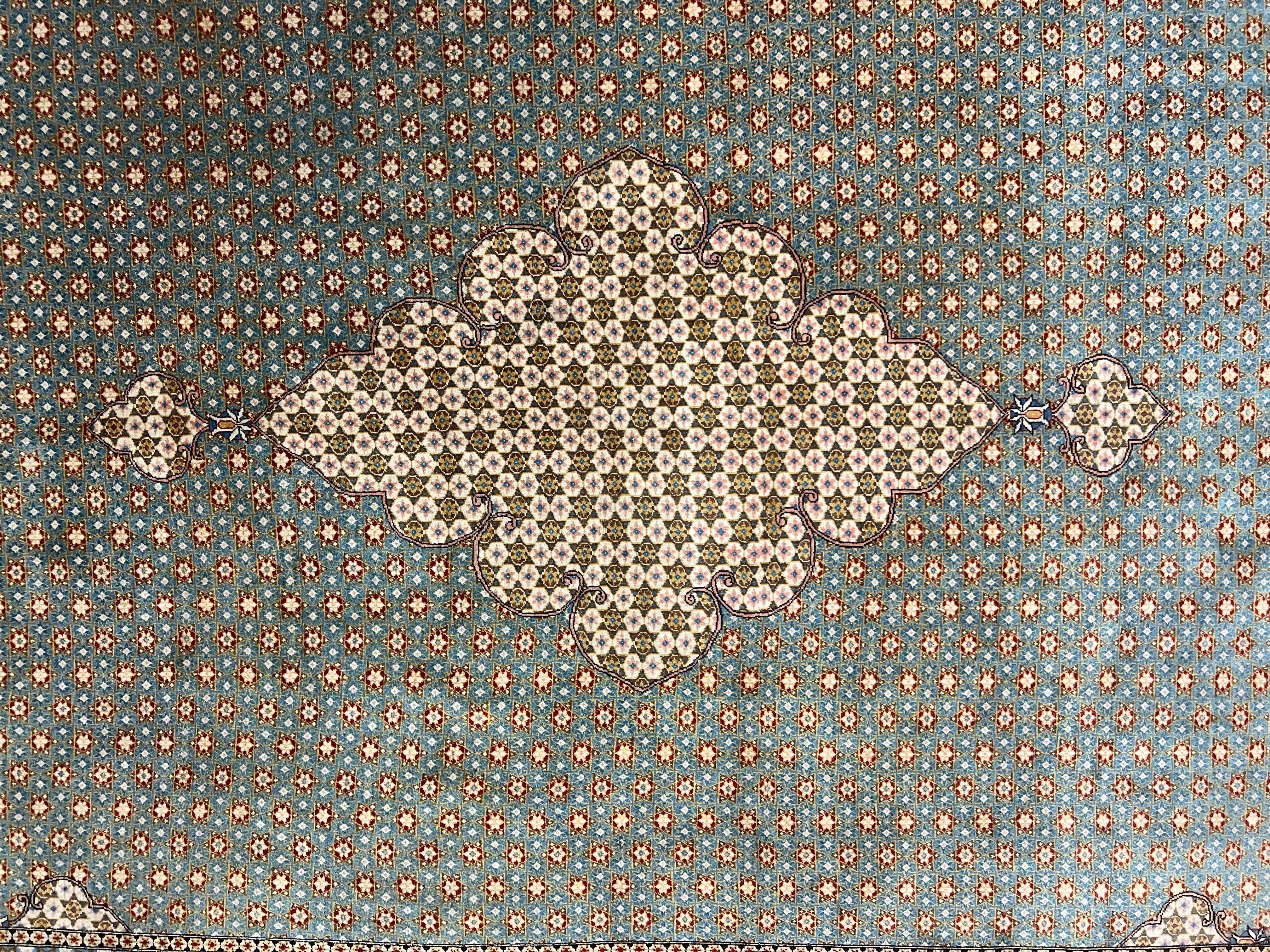 Rare Persian Rug 8x12, Qum Rug, Repeated Star Motifs, Blue and Ivory, Fine 300 KPSI, Hand Knotted Handmade Vintage Wool Rug - Jewel Rugs