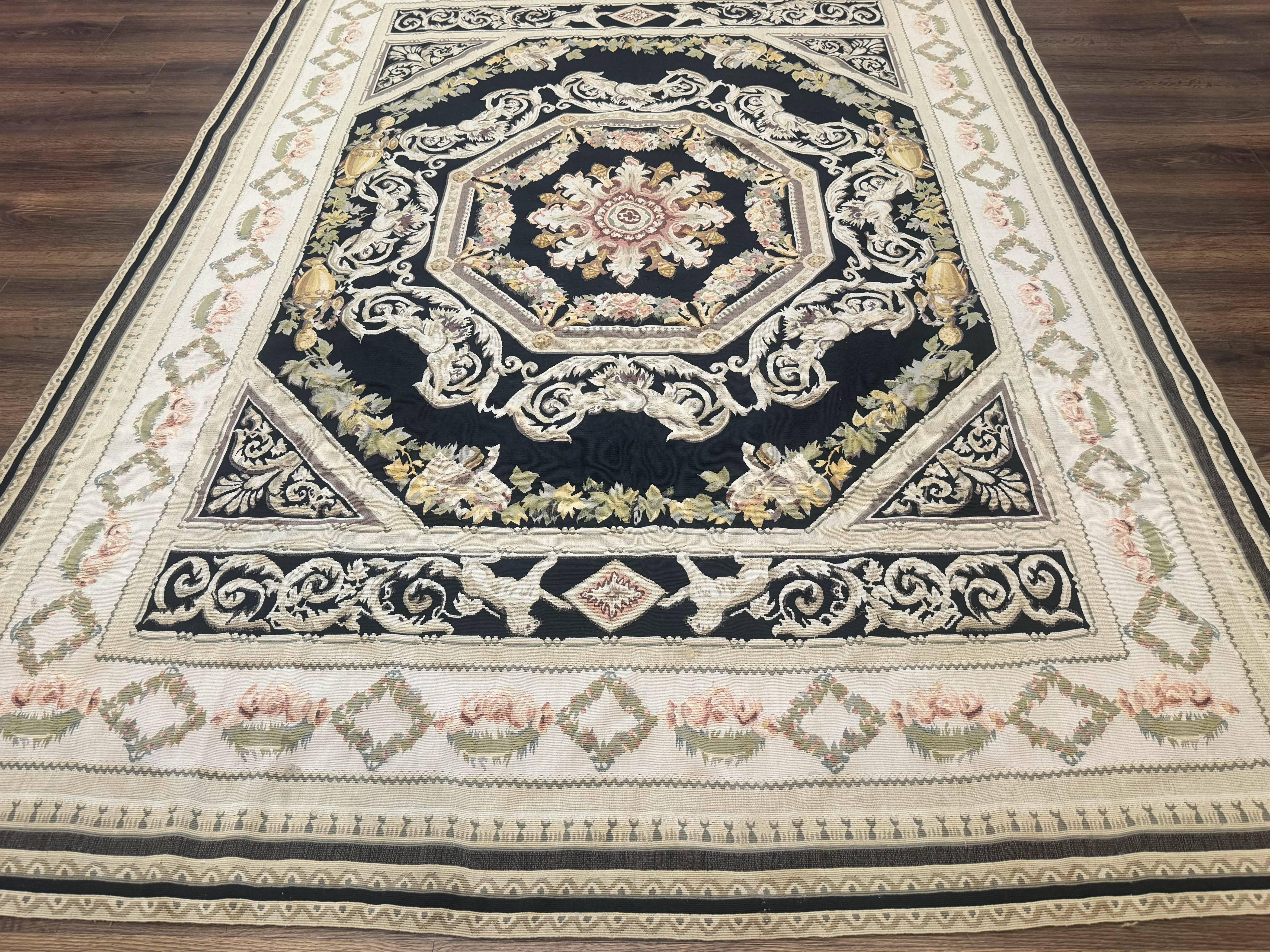 Aubusson Rug 6x8, European Design, Lion Pictorials, Black - Jewel Rugs