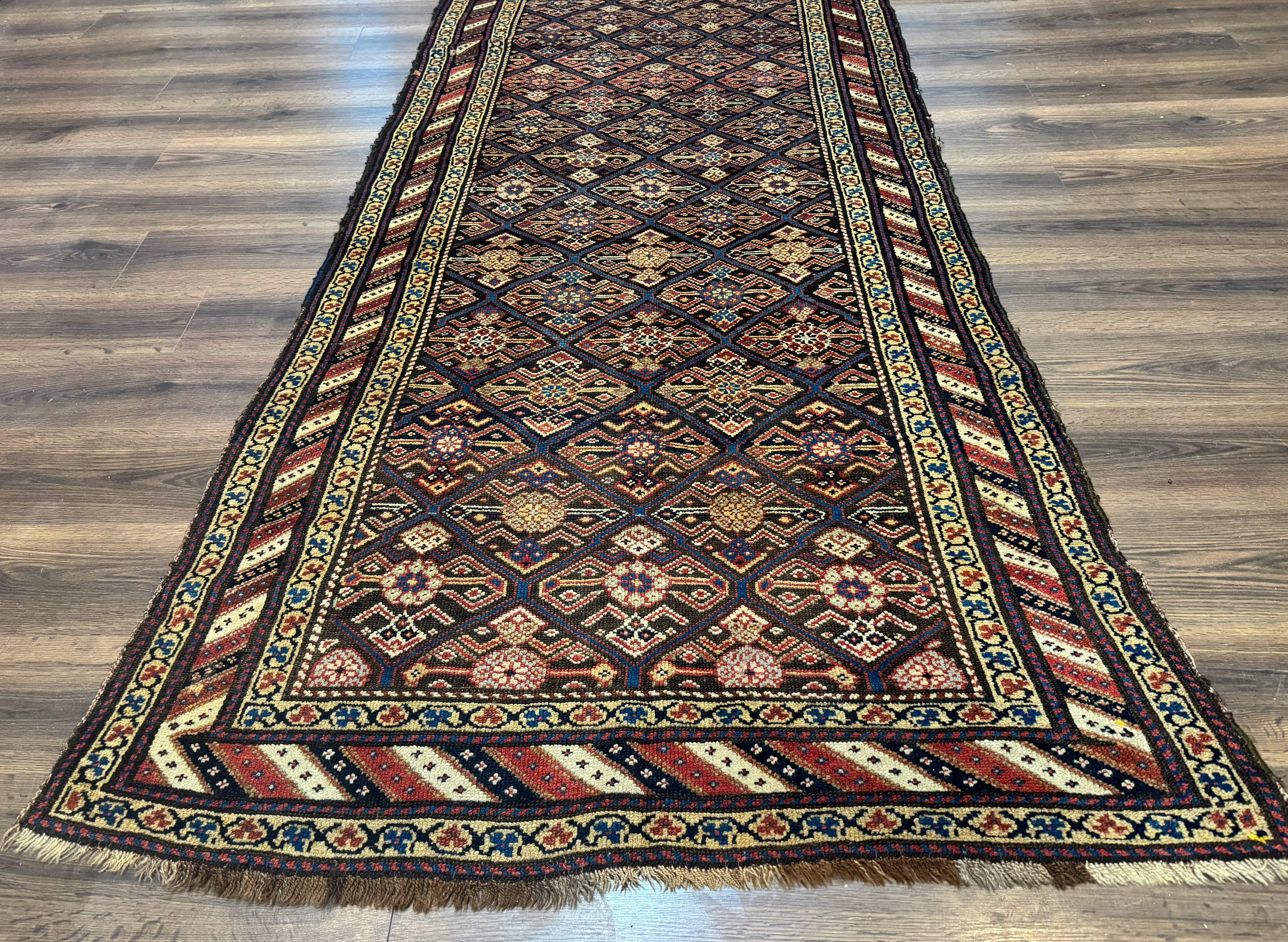 Antique Persian Wide Runner Rug 4x9, Kurdish Rug, Panel Design, Rainbow Border, Rare Tribal Rug - Jewel Rugs